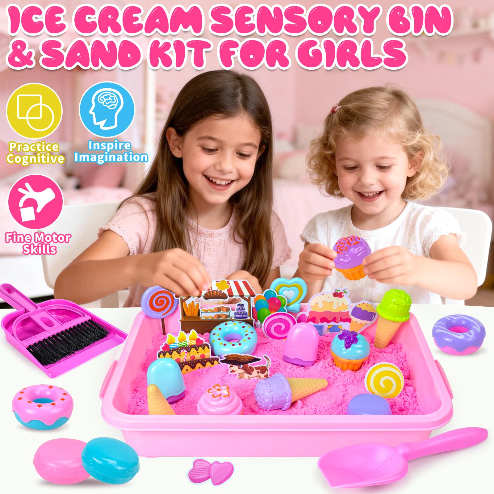 Bloolilies Sensory Bin, Ice Cream Sand Box Set with Magic Sand, Ice Cream Toys Molds and Cleaning Tools Sandbox with Lid Play Sand Art Kits for Kids