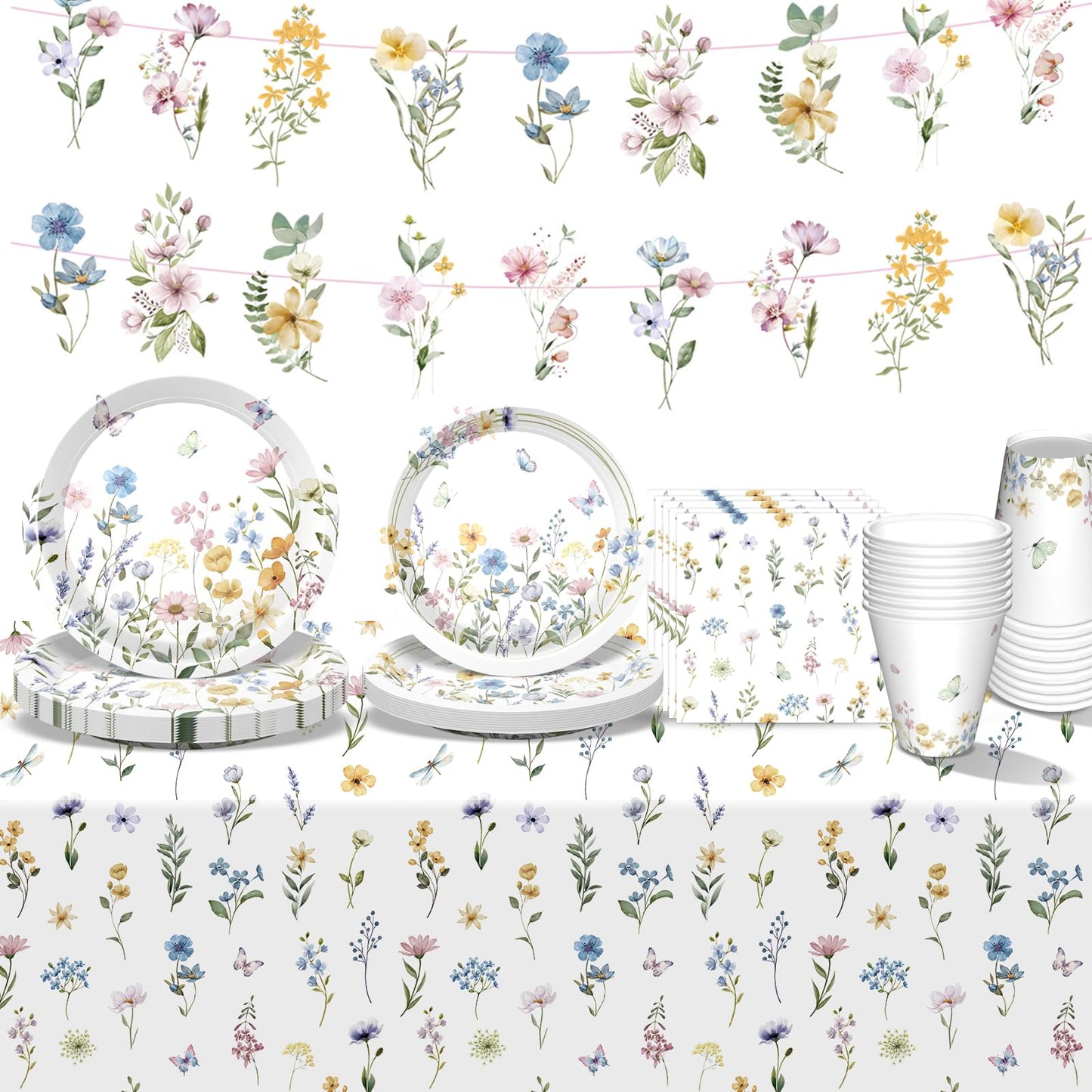 Wildflower Party Supplies Spring Floral Party Supplies Tableware with Wildflower Plates Napkins Cups Tablecloth Banner for Girls First Birthday Floral