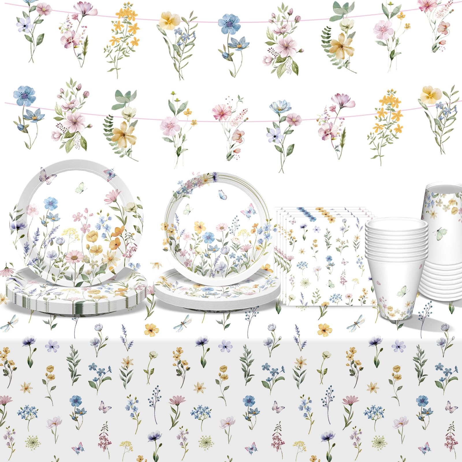 Wildflower Party Supplies Spring Floral Party Supplies Tableware with Wildflower Plates Napkins Cups Tablecloth Banner for Girls First Birthday Floral