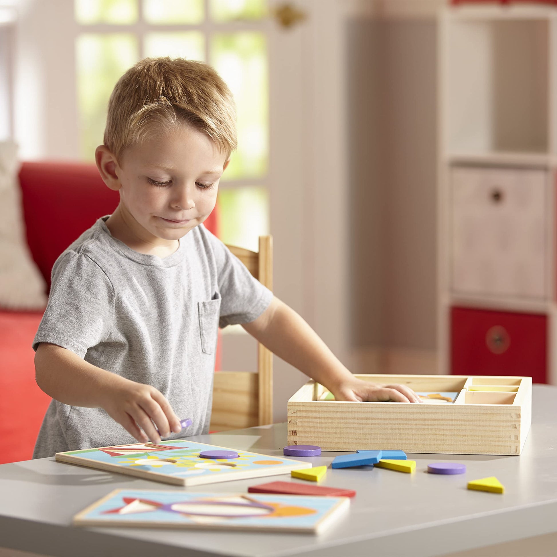 Melissa & Doug Beginner Wooden Pattern Blocks Educational Toy (5 Double-Sided Scenes and 30 Shapes, Great Gift for Girls and Boys - Best for 3, 4, and