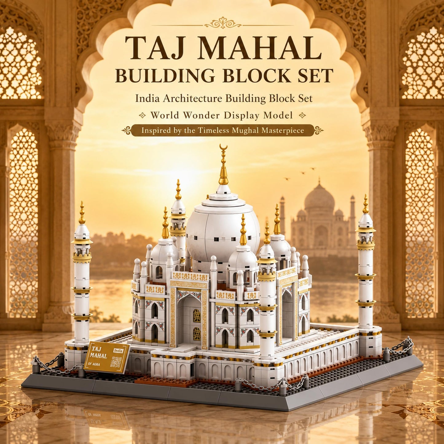 LQPFBSM Taj Mahal Building Block Set 1113 Pieces Large World Wonder Architecture Model India Landmark Souvenir with Golden Finials & Nameplate Gift