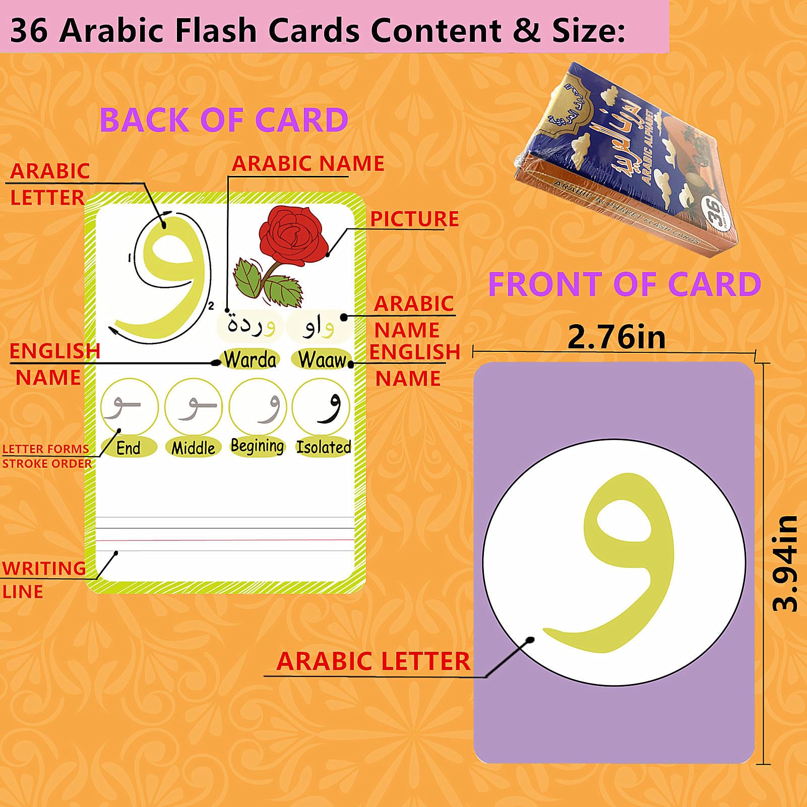 36 Arabic Flash Cards, Arabic Alphabet Learning for Beginners, Adults, Learn Arabic Alphabet Letters Writing & Pronunciation Guide for Teacher Tool