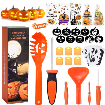 SKINOSM Pumpkin Carving Kit for Kids, 6 Easy Halloween Pumpkin Carving Tools Set, 6 LED Candles, 10 Carving Stencils & 20 Halloween Cellophane Candy