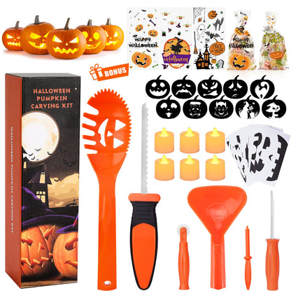 SKINOSM Pumpkin Carving Kit for Kids, 6 Easy Halloween Pumpkin Carving Tools Set, 6 LED Candles, 10 Carving Stencils & 20 Halloween Cellophane Candy