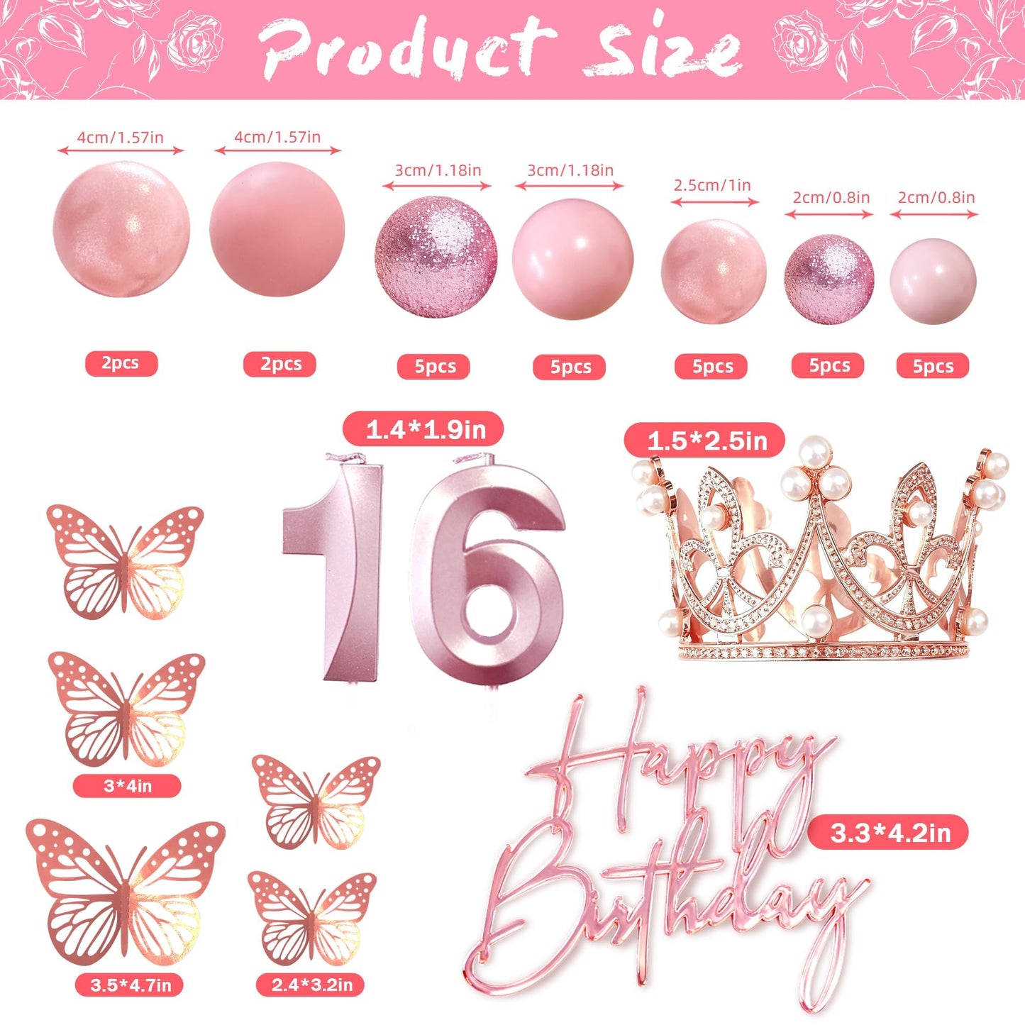16th Birthday Rose Gold Cake Topper Set Sweet 16 Candles Cake Decorations
