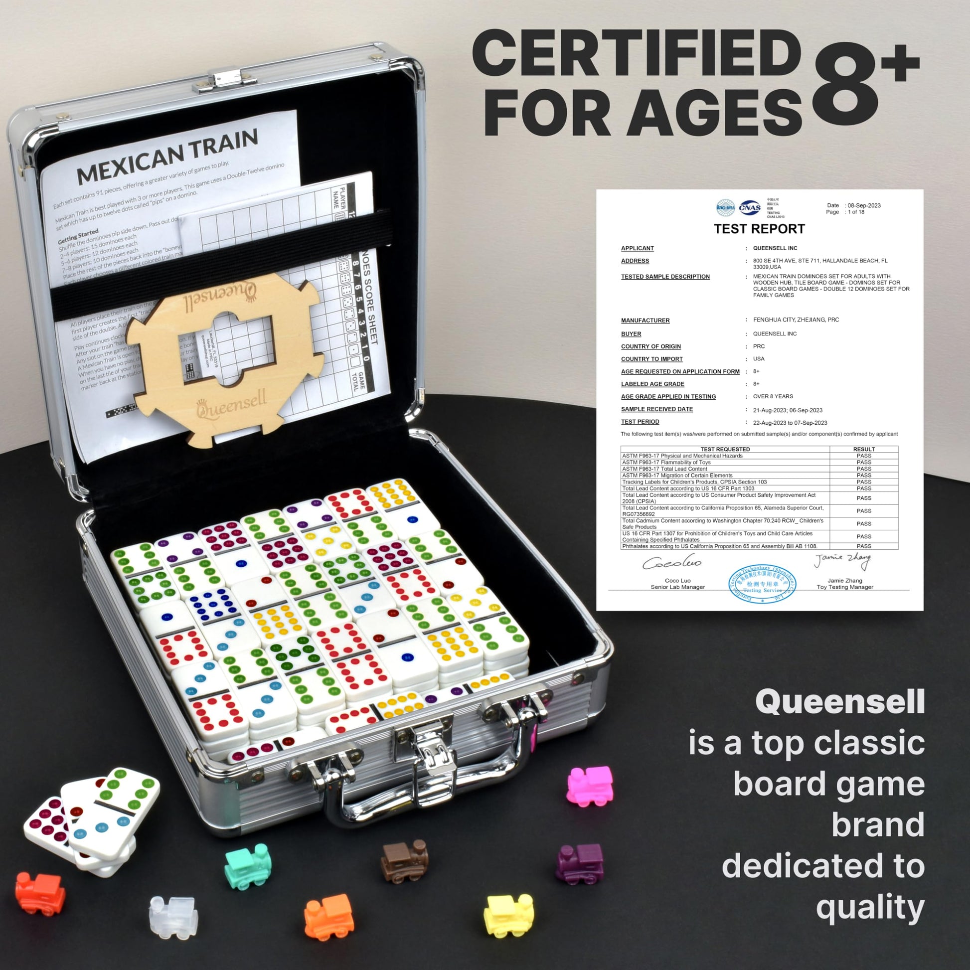Queensell Mexican Train Dominoes Set with Wooden Hub, Domino Tile Board Games - Double 12 Dominos Set for Family Game Night for Adults and Kids Ages 8