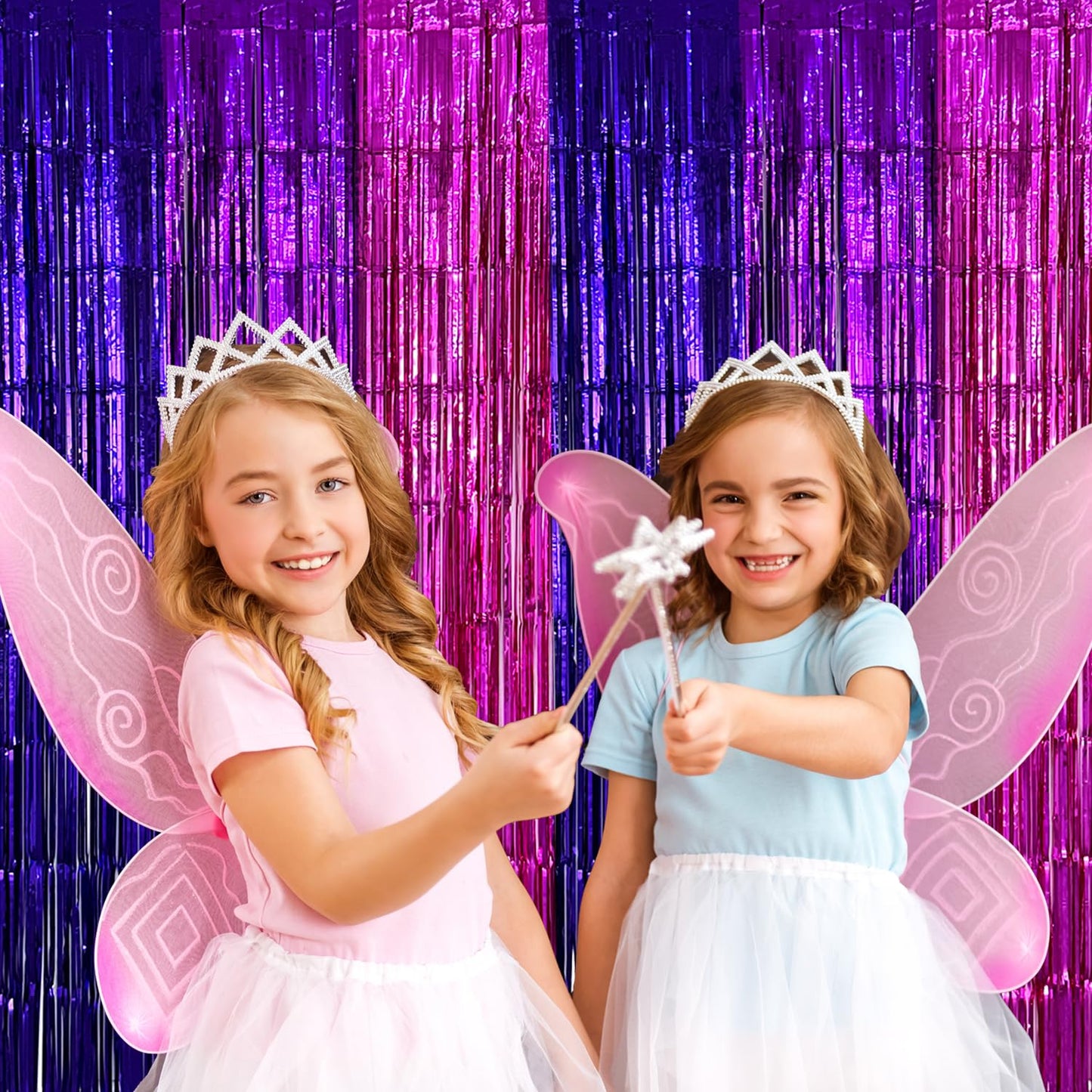 2 Pack Purple Pink Foil Fringe Curtains Streamers Backdrop for Music Themed Party Decorations, Girls Butterfly Birthday Party Decorations Supplies