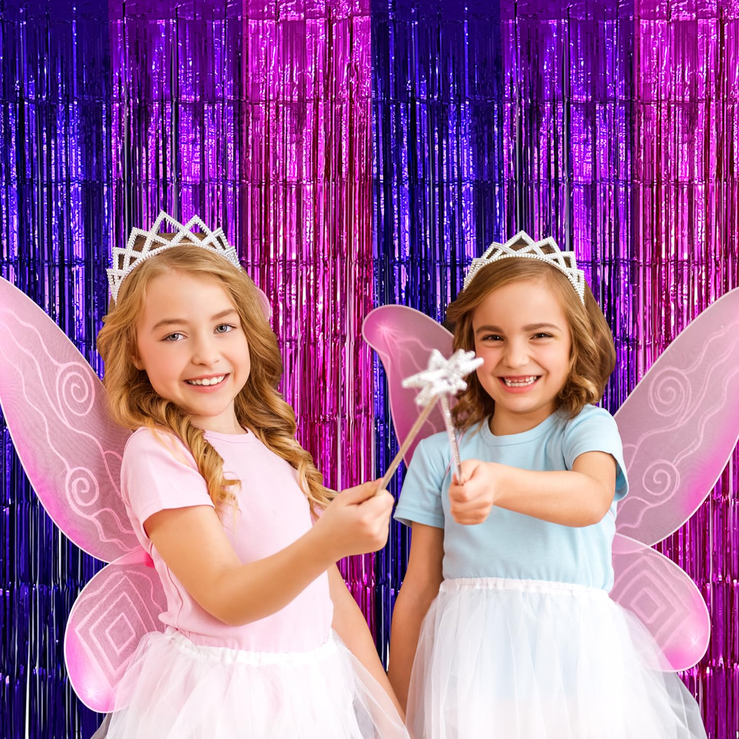 2 Pack Purple Pink Foil Fringe Curtains Streamers Backdrop for Music Themed Party Decorations, Girls Butterfly Birthday Party Decorations Supplies