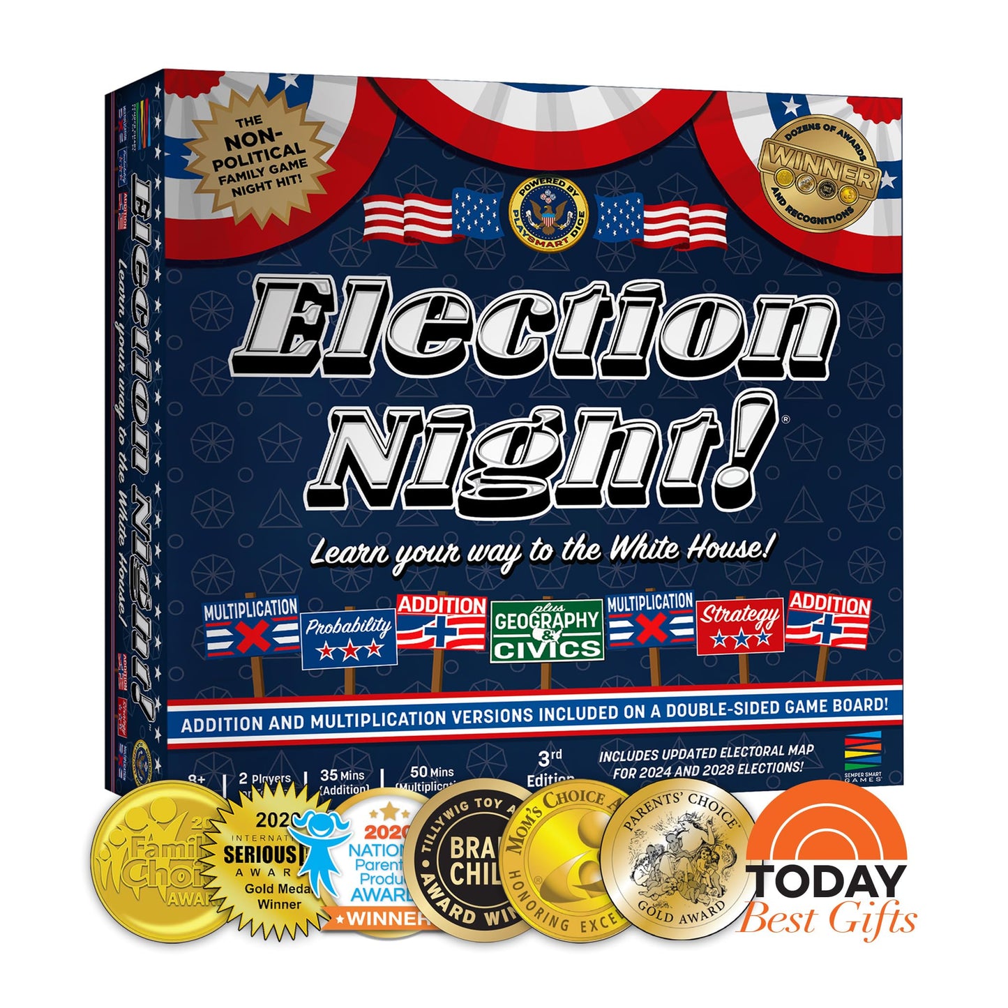 Semper Smart Games Election Night! A Super Fun Board Game to Learn Math, Geography, and Civics with Dice - Updated Electoral College Game for Kids