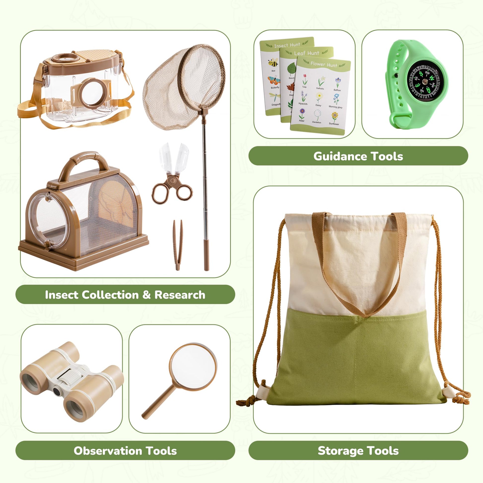 ROBOTIME Explorer Kit & Bug Catcher Kit for Kids, 12PCS Bug Catching Kit, Outdoor Bug Collection with Kids Binoculars, Butterfly Net, Insect Box