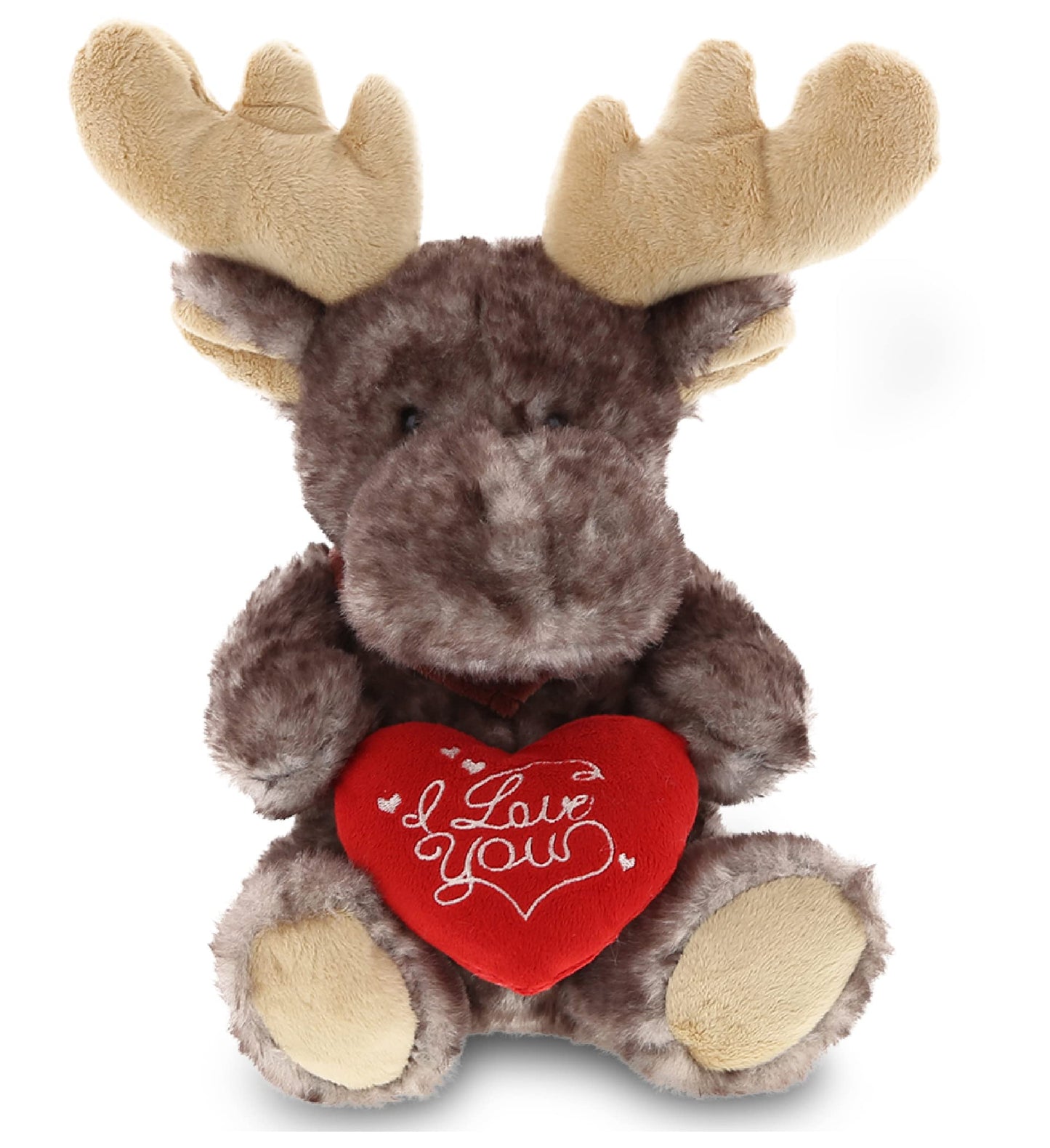 DolliBu I Love You Valentine Plush Brownish Sitting Moose - Cute Soft Cuddly Stuffed Animal with Red Heart Gift for Valentines Day, Birthday Present