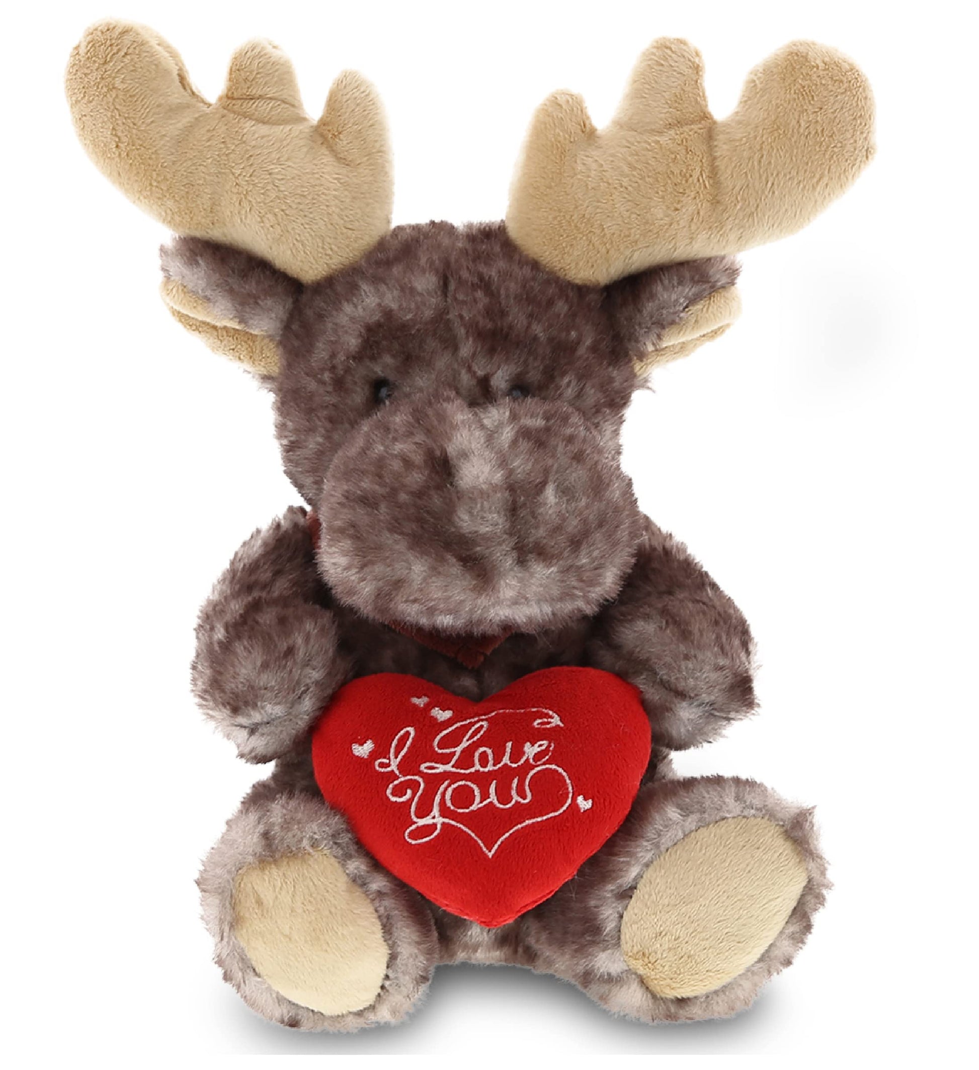 DolliBu I Love You Valentine Plush Brownish Sitting Moose - Cute Soft Cuddly Stuffed Animal with Red Heart Gift for Valentines Day, Birthday Present