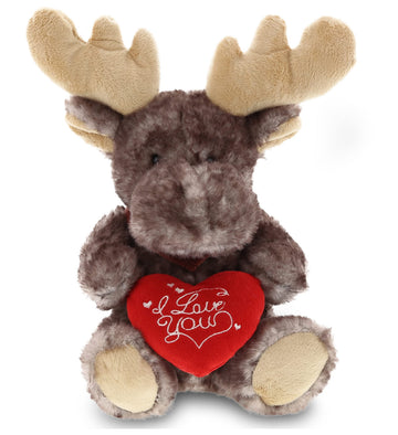 DolliBu I Love You Valentine Plush Brownish Sitting Moose - Cute Soft Cuddly Stuffed Animal with Red Heart Gift for Valentines Day, Birthday Present