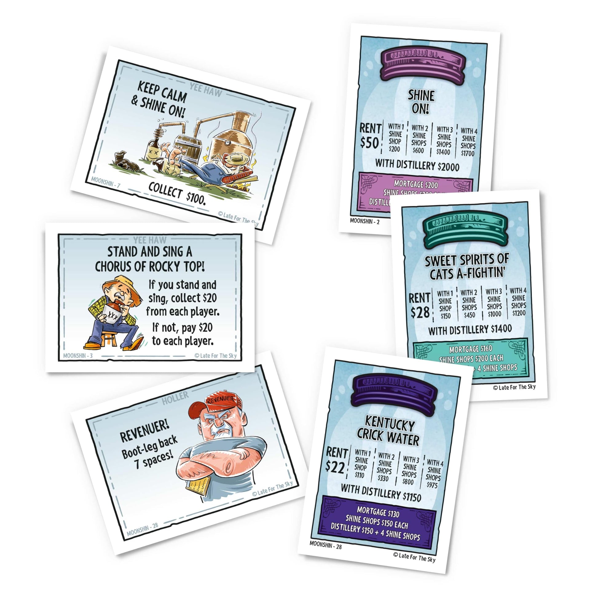 Late for The Sky Moonshine-OPOLY Board Game for Adults, Party Property Trading Game, 2-6 Players, Opoly Drinking Theme, Fast 1-Hour or Classic Play