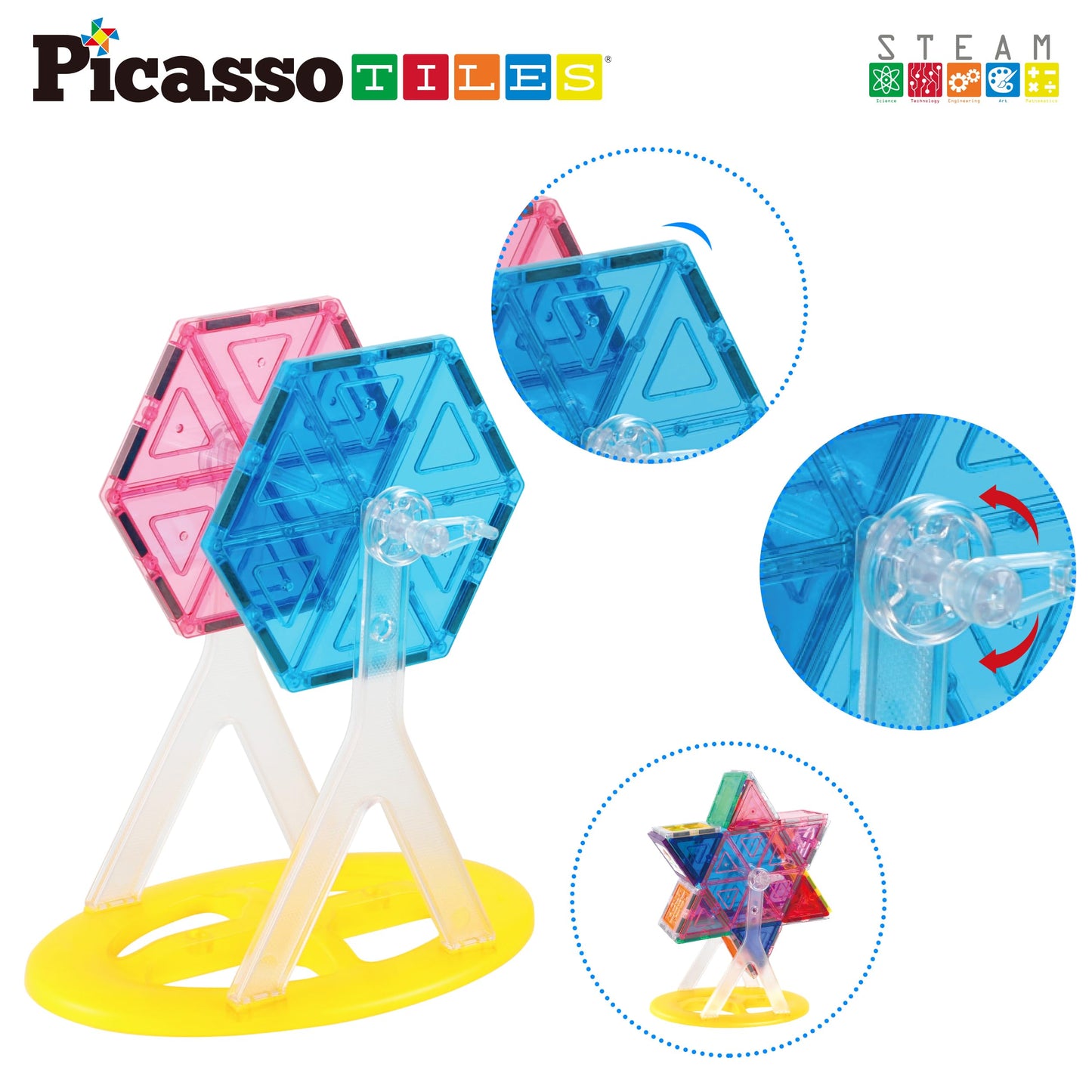 PicassoTiles Magnet Tile Building Blocks Ferris Wheel Amusement Rotating Accessory Kit Compatible with Full Sized Magnetic Tiles Construction Toy Set