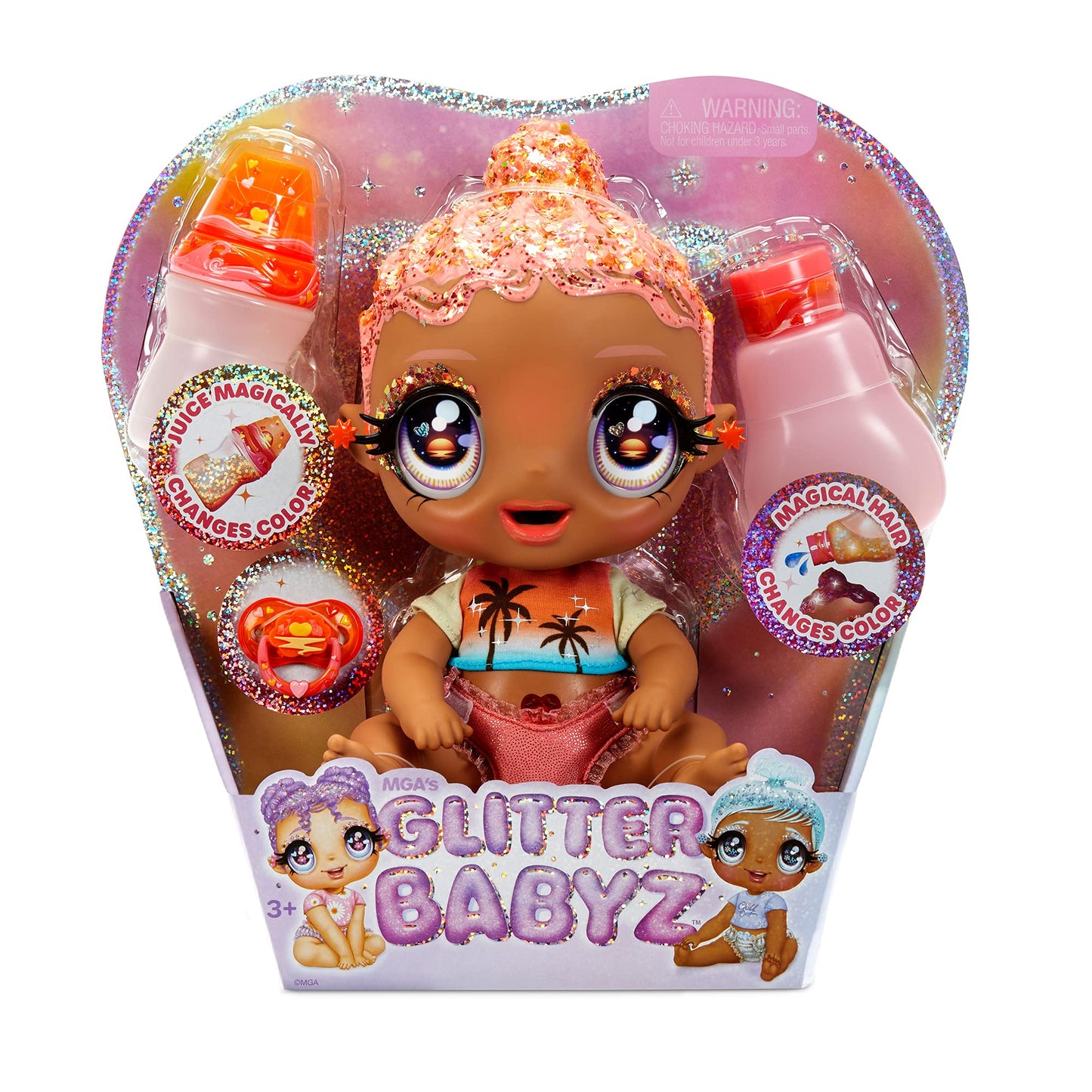 MGA's Glitter Baby Doll with Color Changes, Pink Hair, Sunset Outfit, Bottle - Gift for Kids Ages 3-5+
