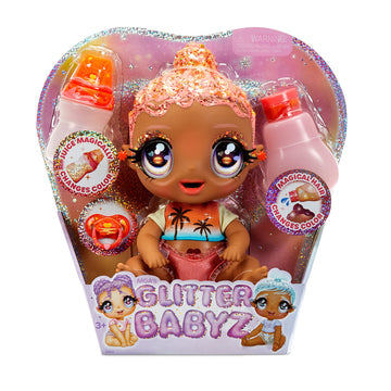 MGA's Glitter Baby Doll with Color Changes, Pink Hair, Sunset Outfit, Bottle - Gift for Kids Ages 3-5+