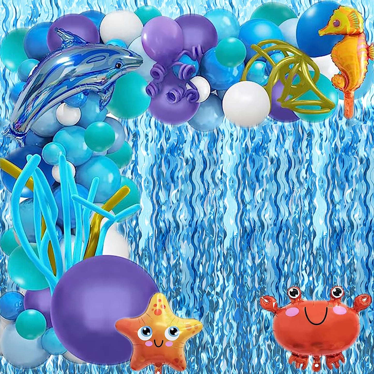 BUDICOOL 2 pcs Blue Wavy Tinsel Curtains,Under The Sea Party Decorations