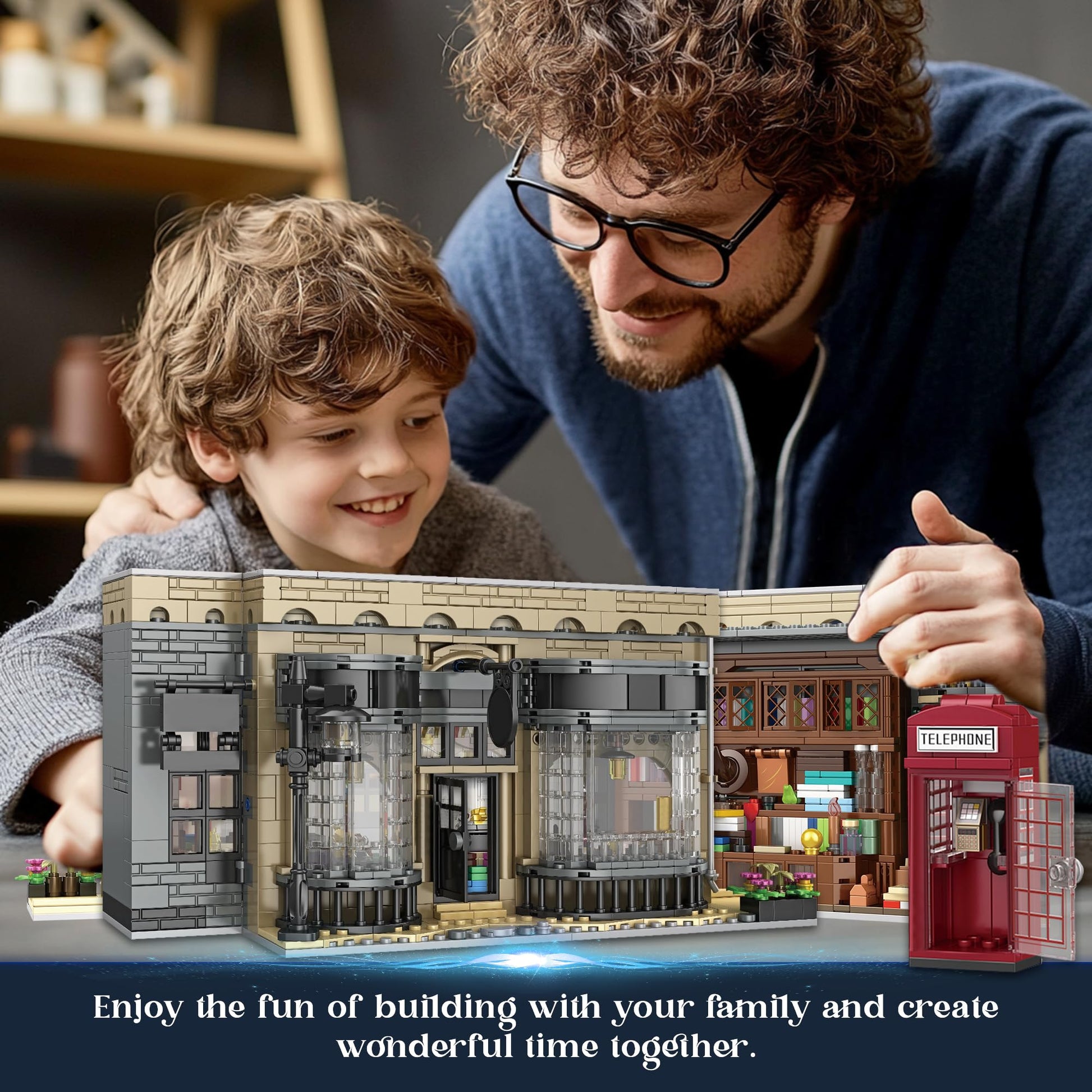 PleyWalden Grocery Store Building Blocks for Adults, for Diagon Alley Building Set with LED Light, Shop Window and Telephone Booth, House Toy for Home