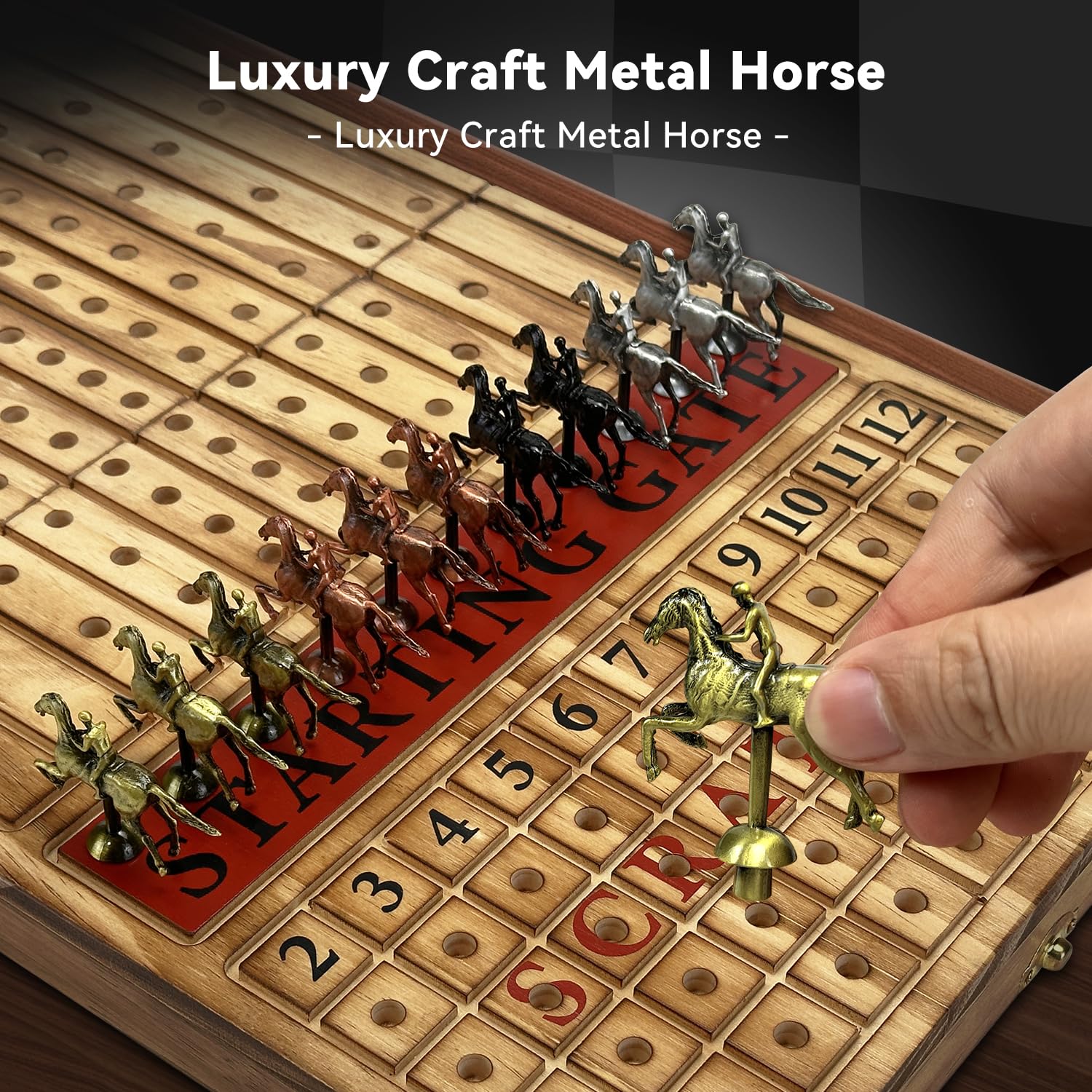 Large 23 inches Horse Racing Board Game with 11 Luxury Metal Horses, Foldable Wood Horse Race Board Game with 2 Sets of Dice, 2 Boxes of Cards