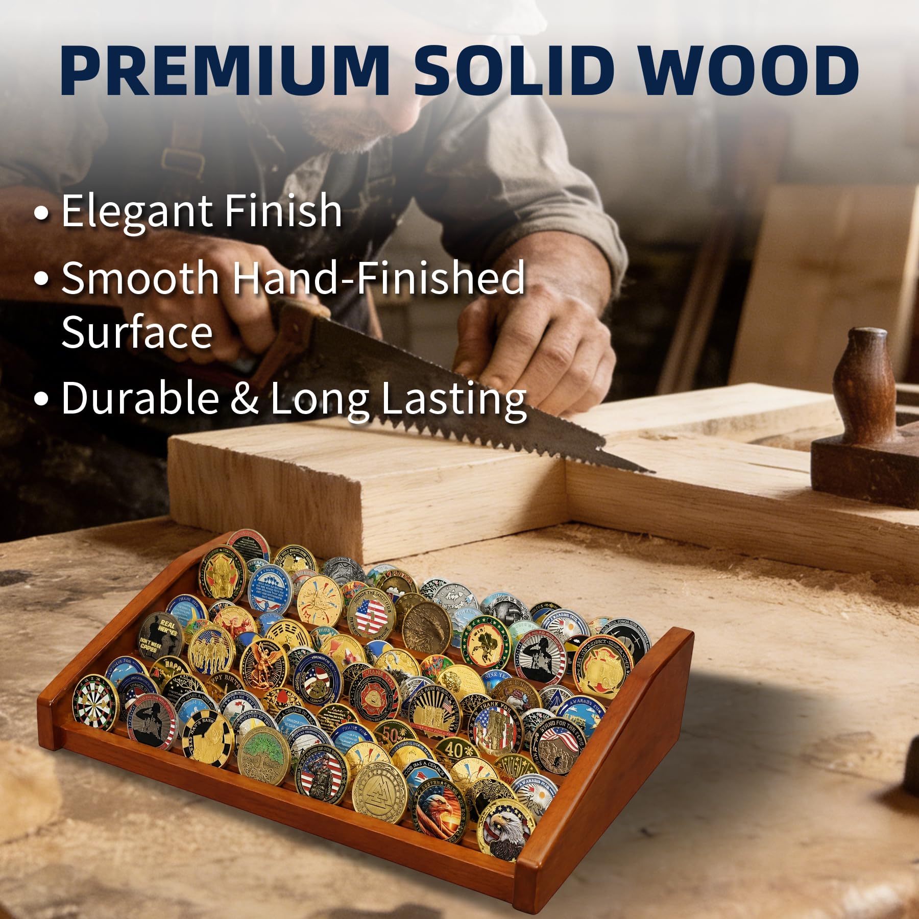 ASmileIndeep 12 Rows Solid Wood Military Challenge Coin Display Stand Holds 90-100 Coins Army Coin Holder Display Police Coin Rack for Countertop
