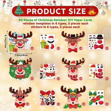 60 Pcs Christmas Reindeer Crafts for Kids Make Your Own Christmas Tree Ornaments Decoration Xmas Arts Making Craft with Stickers DIY Paper Holiday