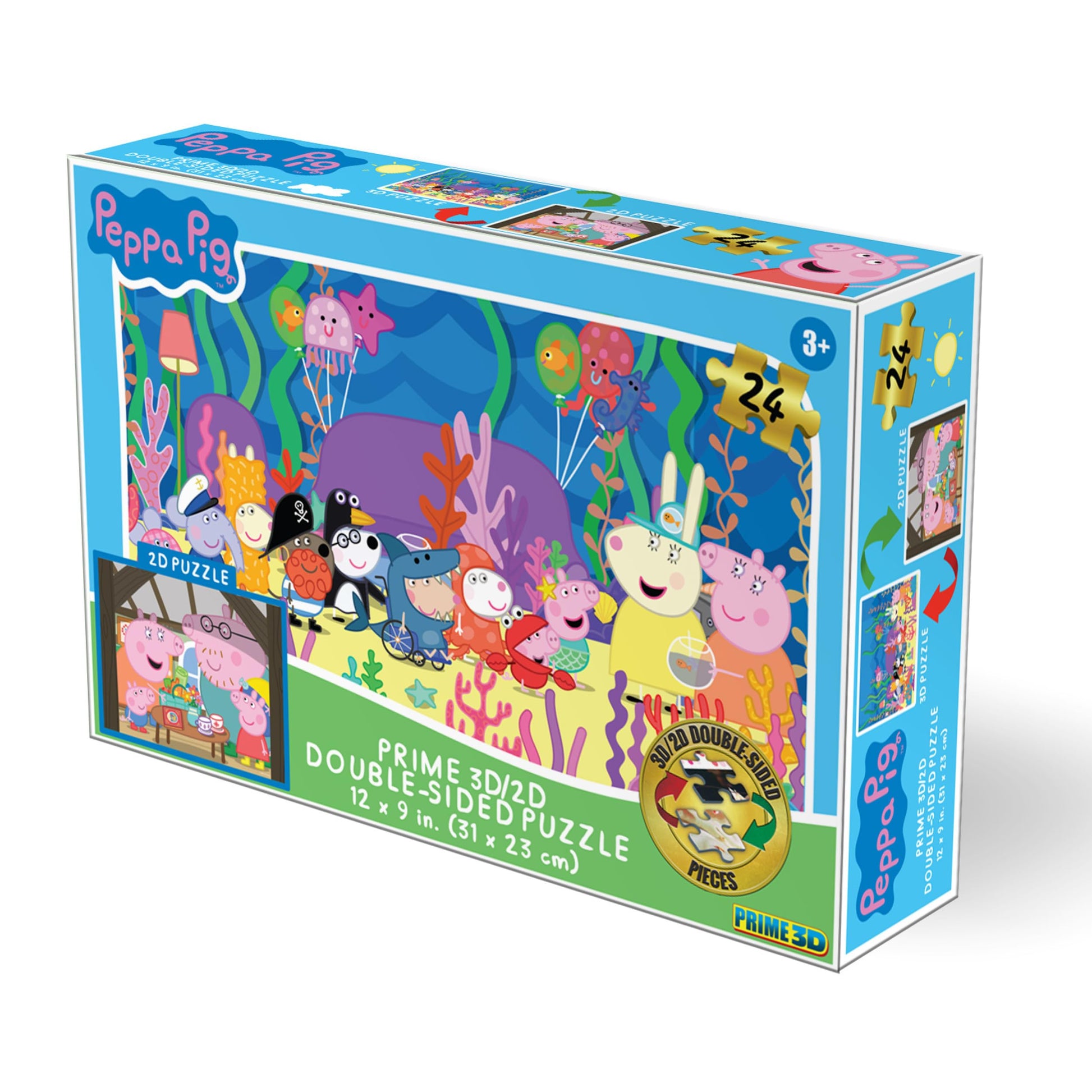 Prime 3D | Hasbro | Peppa Pig | 24 Piece 3D/2D Double-Sided Jigsaw Puzzle for Kids | Finished Size 12" x 9" | Challenging & Fun for Kids & Families |