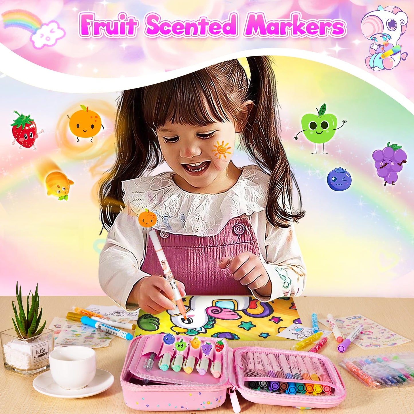 CGBOOM Scented Markers Set with Cute Pencil Case for Kids, 40 Counts Paint Markers as Art Supplies and Creativity Present to Girls, Birthday Gifts
