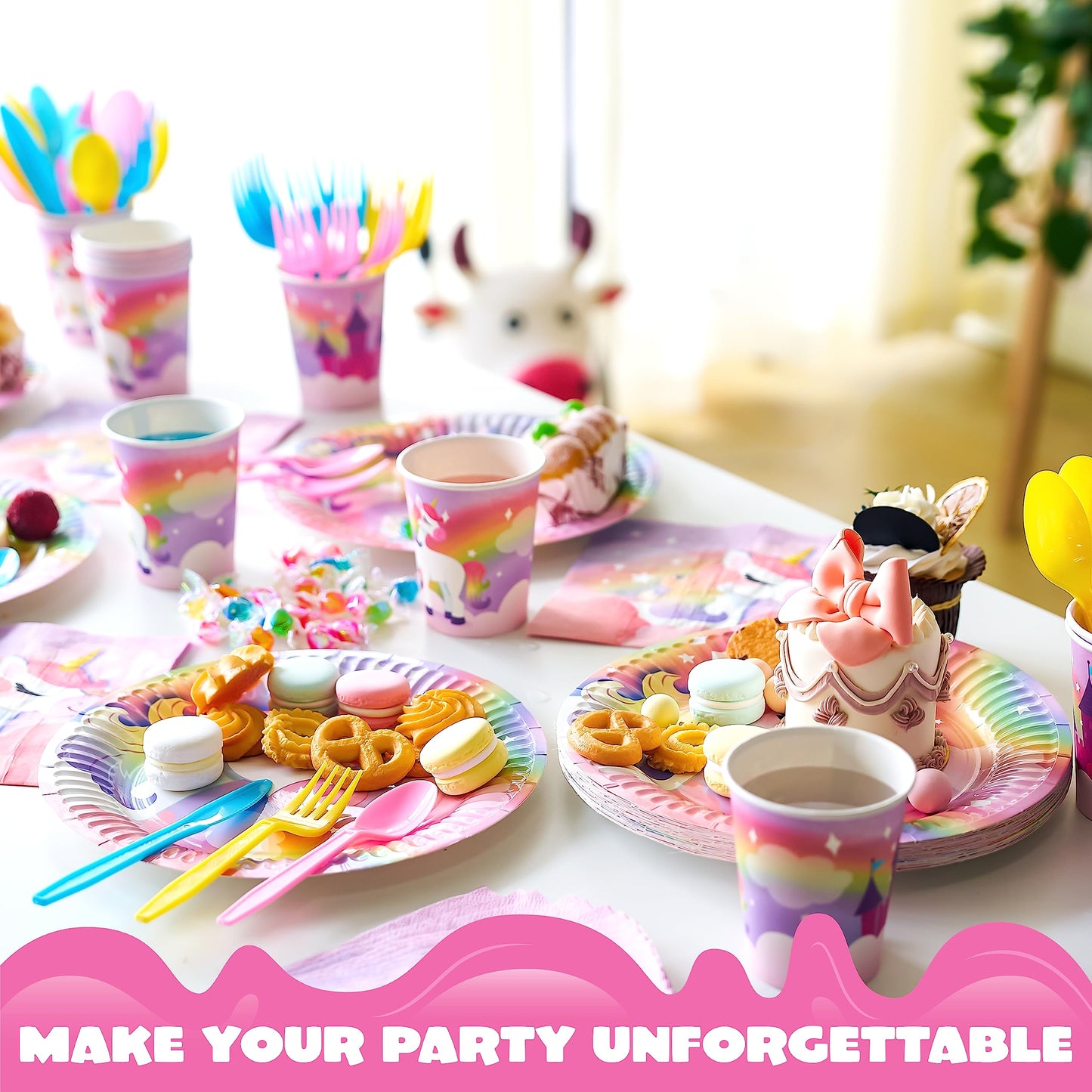 JOYIN 145 Pcs Unicorn Birthday Party Supplies with Unicorn Banner for Girls, 24 Serves Unicorn Disposable Tableware Set with Plates , Cups, Napkins