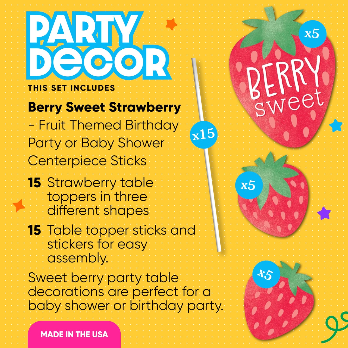 Big Dot of Happiness Berry Sweet Strawberry - Fruit Themed Birthday Party or Baby Shower Centerpiece Sticks - Table Toppers - Set of 15