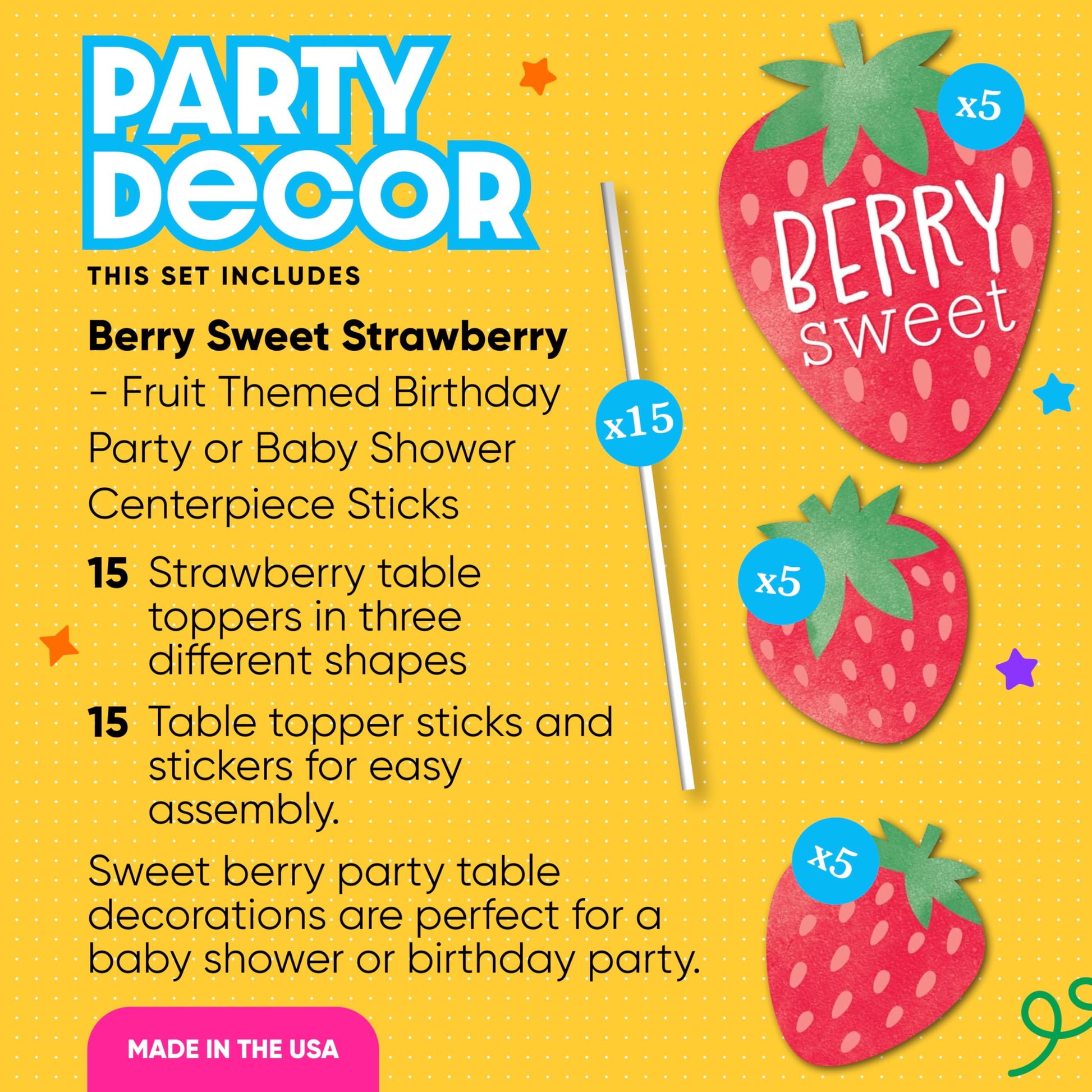 Big Dot of Happiness Berry Sweet Strawberry - Fruit Themed Birthday Party or Baby Shower Centerpiece Sticks - Table Toppers - Set of 15