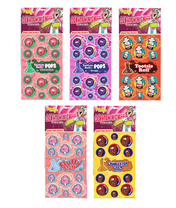 Just For Laughs Dr. Stinky's Scratch N Sniff Stickers 5-Pack, Tootsie Roll Pops Watermelon, Grape, Fluffy Stuff Cotton Candy, Charleston Chew