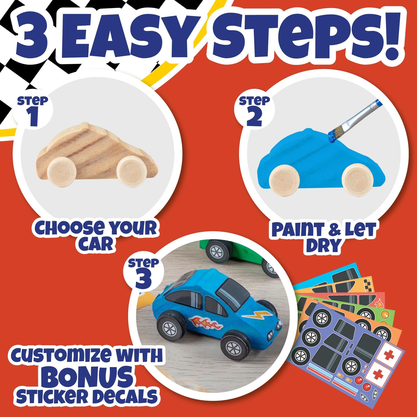 Kids Paint Your Own Wooden Car Craft Kits (12 Pack) - DIY Wood Painting Art Kits, Individually Wrapped w Paint, Brush & Bonus Decal Stickers - Party