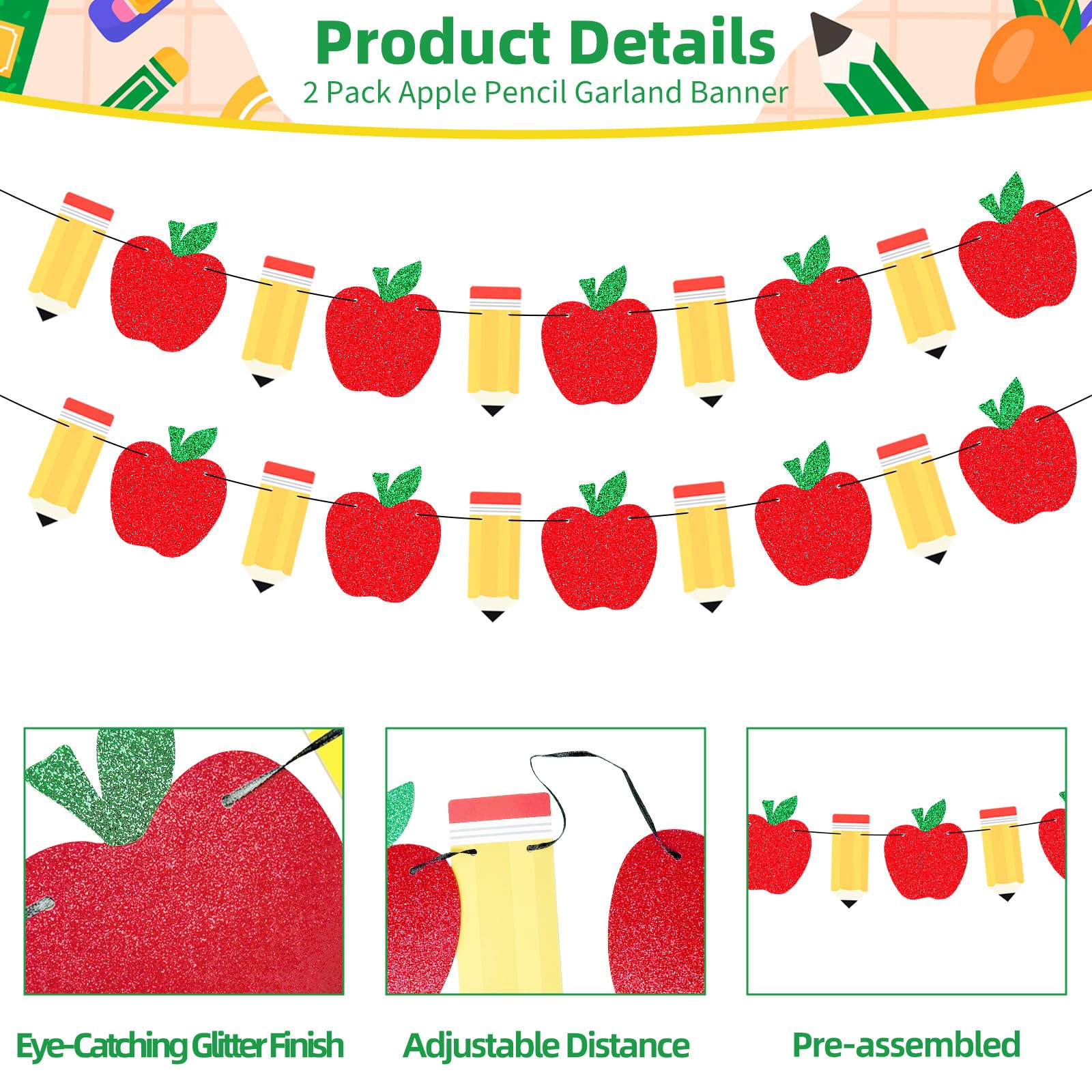 2 Pack Apple Pencil Garland Banner for Back to School Decorations, Pre-Strung Glitter Classroom Kindergarten Hanging Decor for Teacher Appreciation