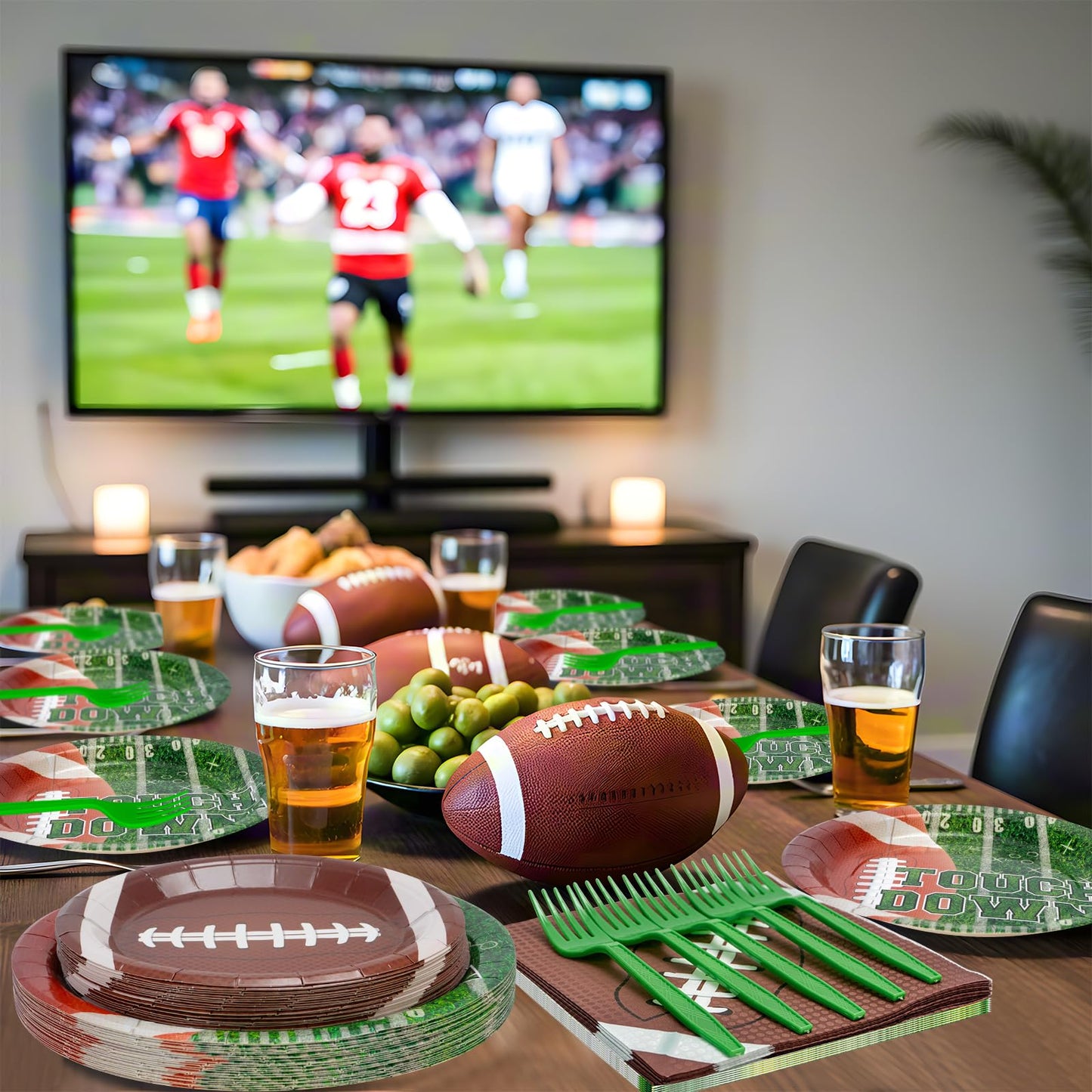 96 Pcs Football Plates and Napkins Forks Sets - Rugby Sports Themed Round Tableware, Disposable Touch Down Paper Plates Napkins Set for Football Game