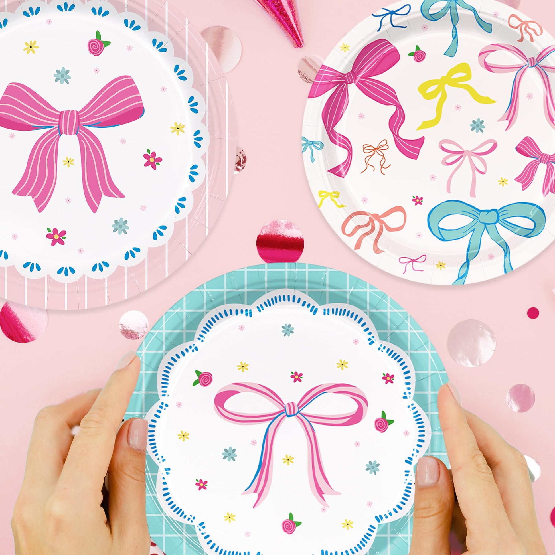 48pcs Bow Paper Plates Bow Birthday Party Decorations 7 Inch & 9 Inch
