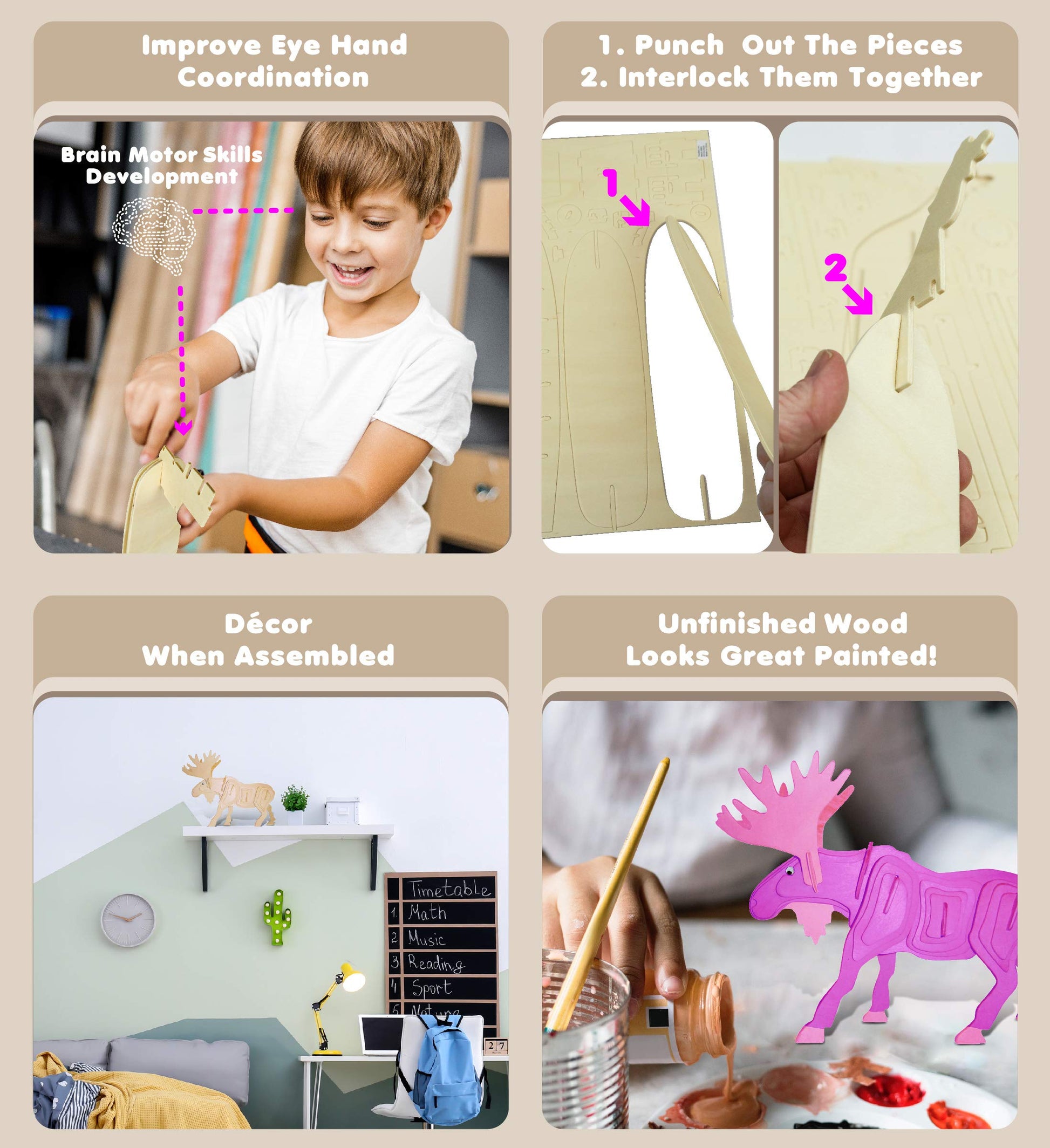 Puzzled 3D Puzzle Moose Wood Craft Construction Model Kit, Fun, Unique, Educational DIY Wooden Animal Toy Assemble Model Unfinished Crafting Hobby
