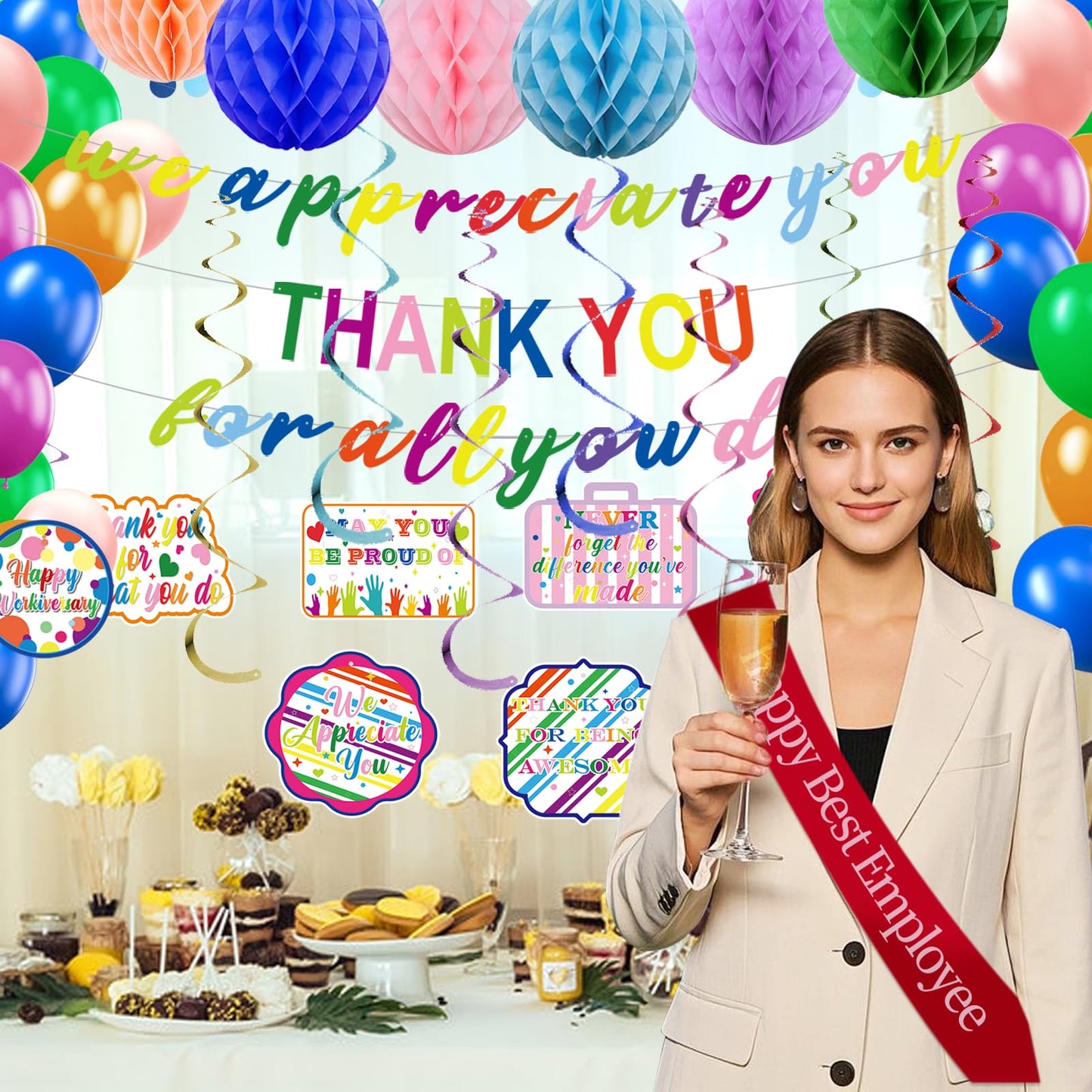 We Appreciate You Decorations,Pre-Strung Iridescent Thank You for All You Do Banner,Work Office Party Decoration for Employee Worker Staff Teacher