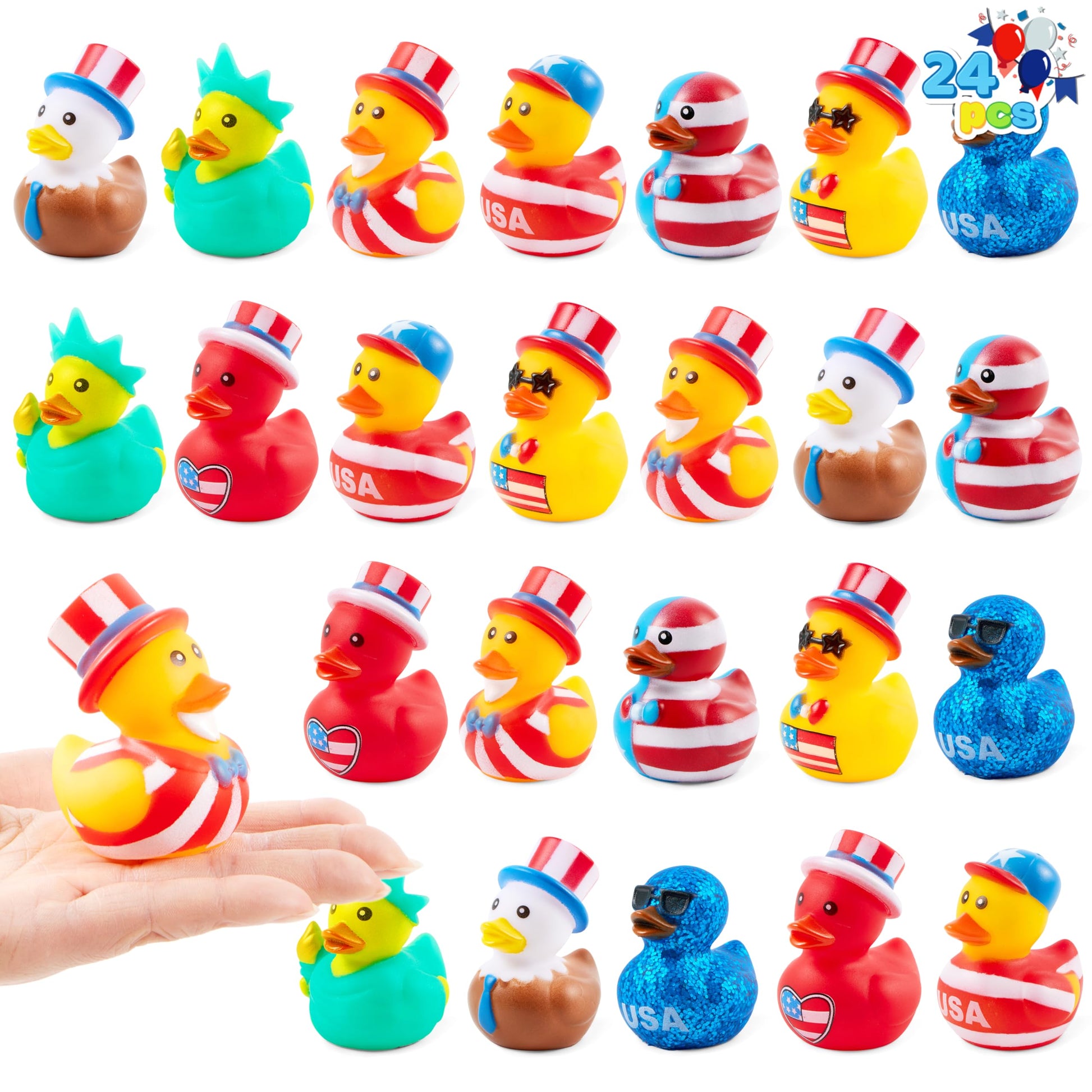 JOYIN 24 Pcs Patriotic Rubber Ducks, Red White Blue 4th of July Bulk Ducks with 8 Designs, Independence Day Duck with Flag Prints, Patriotic Party