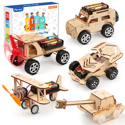 Poraxy 5 in 1 STEM Kits for Kids Age 8-10, Science Building Project Craft for 8-13, Model Car Kit, STEM Toys for Boys Girls Age 8-12, Wooden 3D