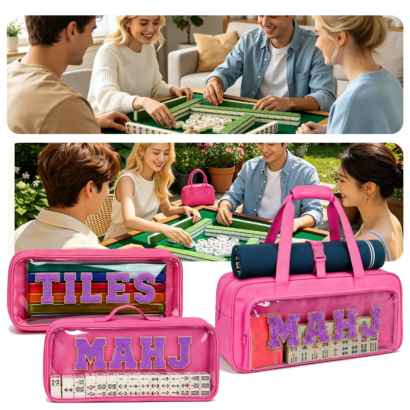 3pcs Empty Mahjong Bag, American Mahjong Set Bag for Tiles and Racks, Canvas Tote Bag with Mat Holder Magic Tape and Sewn Chenille Letter, Zippered