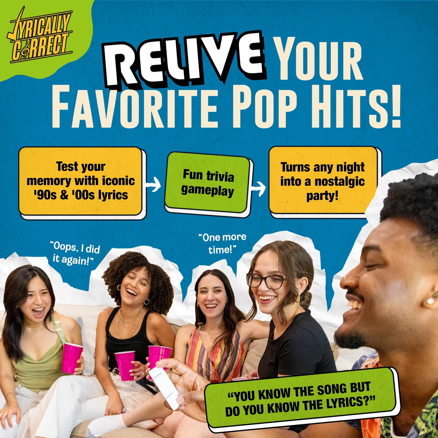 Lyrically Correct 90s & 2000s Pop Music Trivia Card Game for Adults & Families - Finish The Lyrics Party Game for Game Night, Girls Night