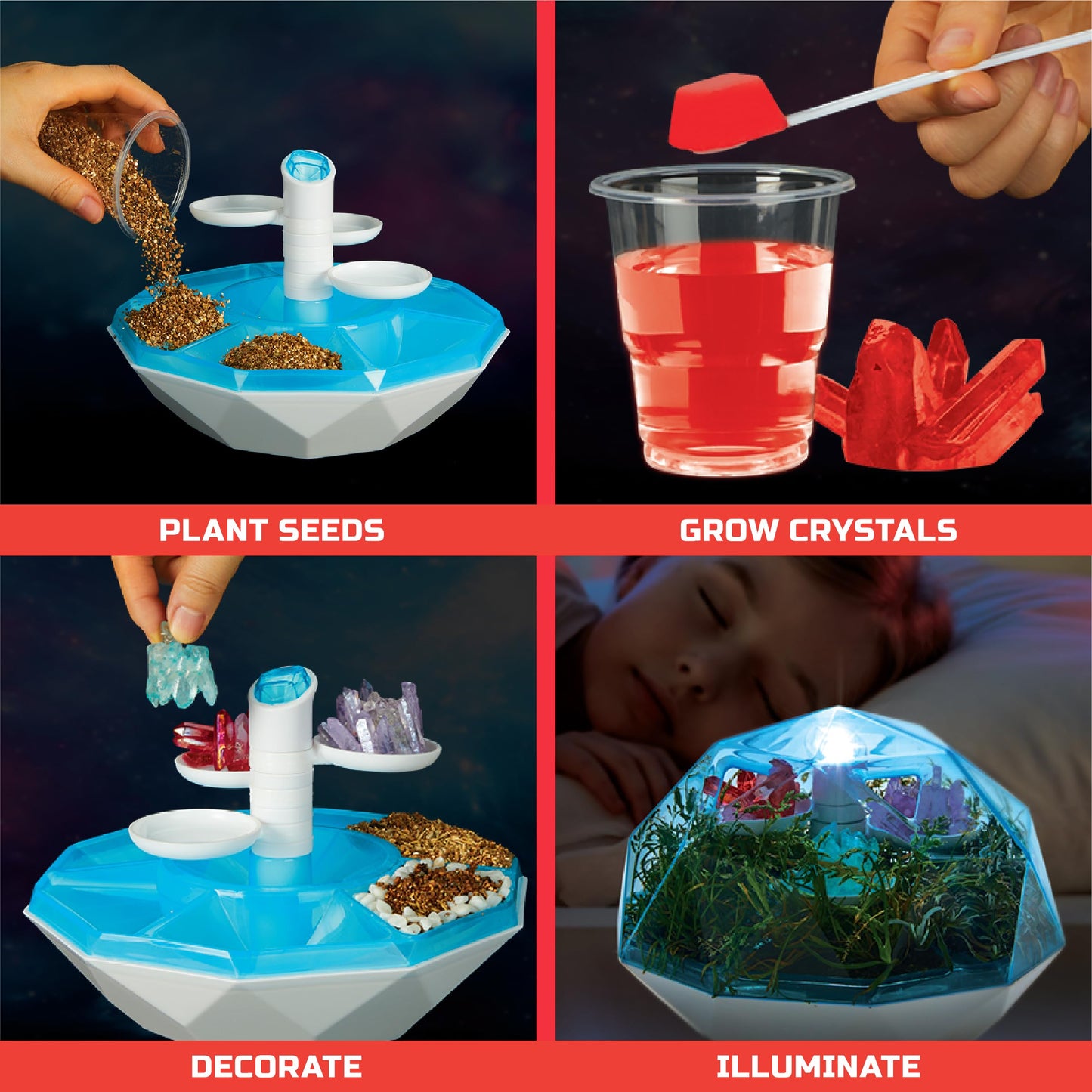 Discovery™ DIY Light-Up LED Terrarium - Plants & Crystals Geodome Grow Kit, 3 Colorful Crystal Formations, Rye Grass, Education STEM Activity Set