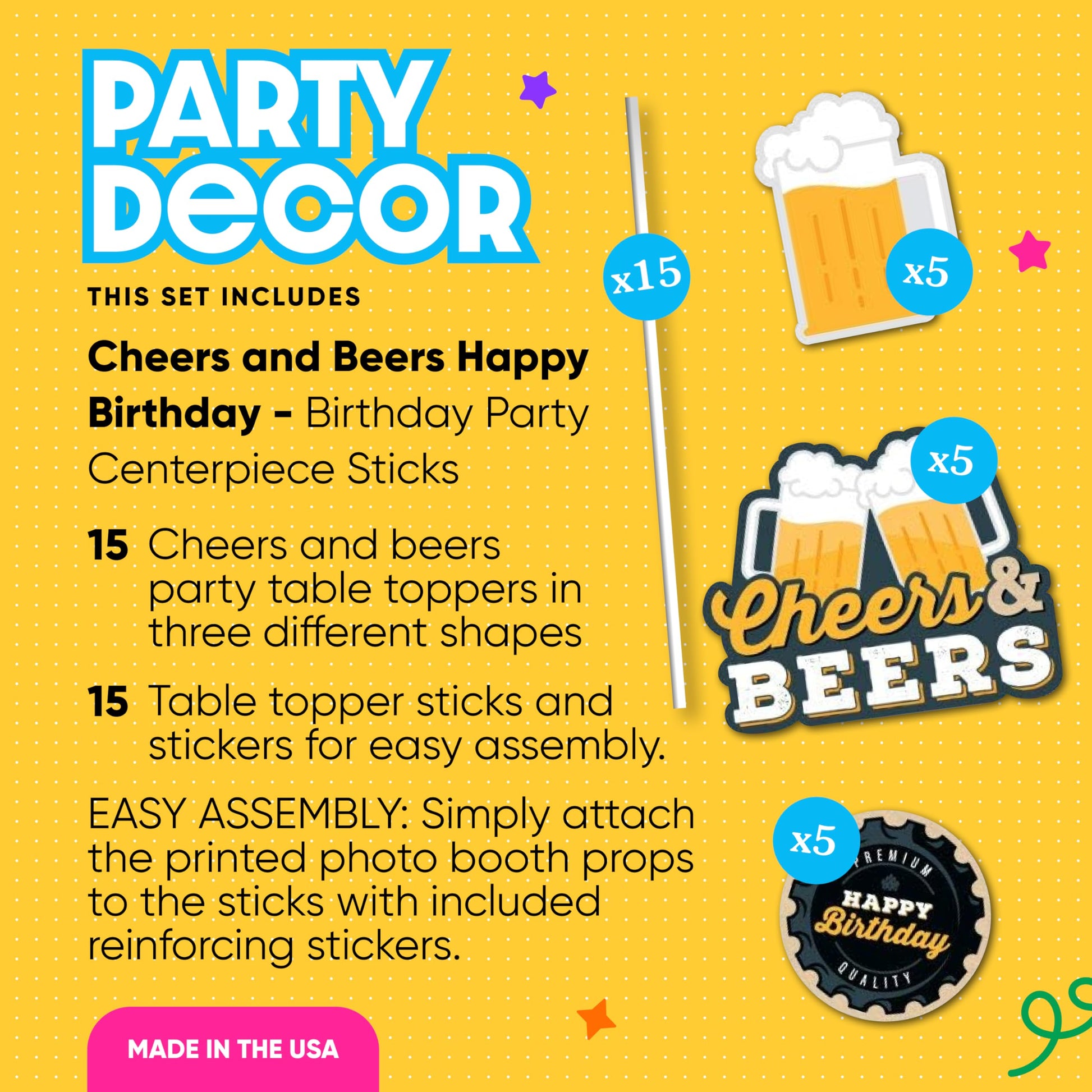 Big Dot of Happiness Cheers and Beers Happy Birthday - Birthday Party Centerpiece Sticks - Table Toppers - Set of 15