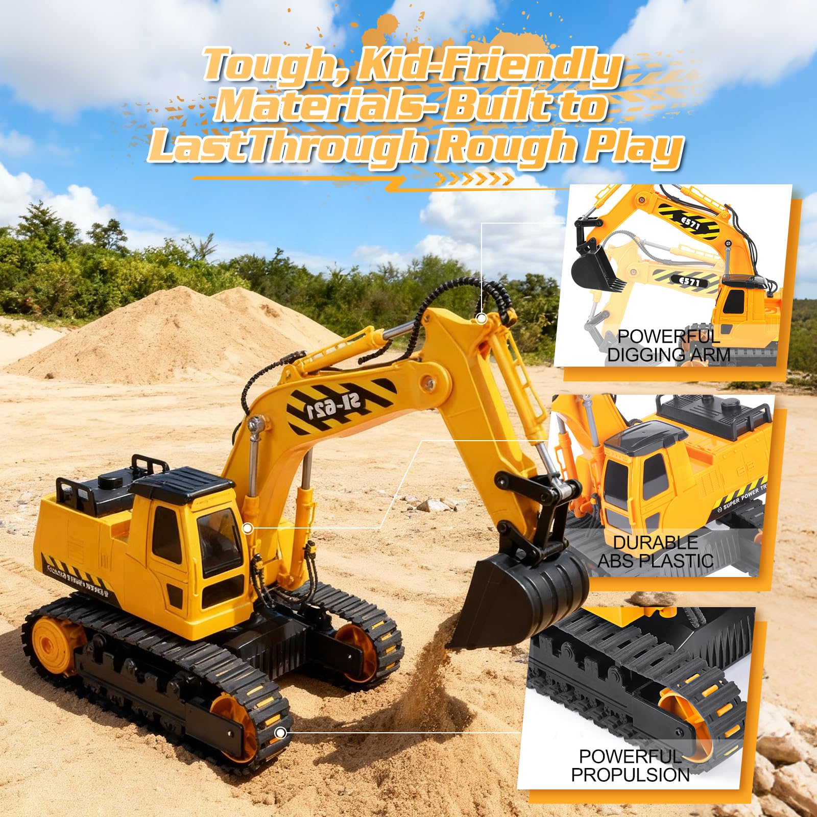 DOUBLE E Remote Control Excavator Toy, 2*Batteries 2.4GHz RC Excavator, 6-in-1 Digging/360° Rotation, 20M Range Sandbox Construction Toys Birthday