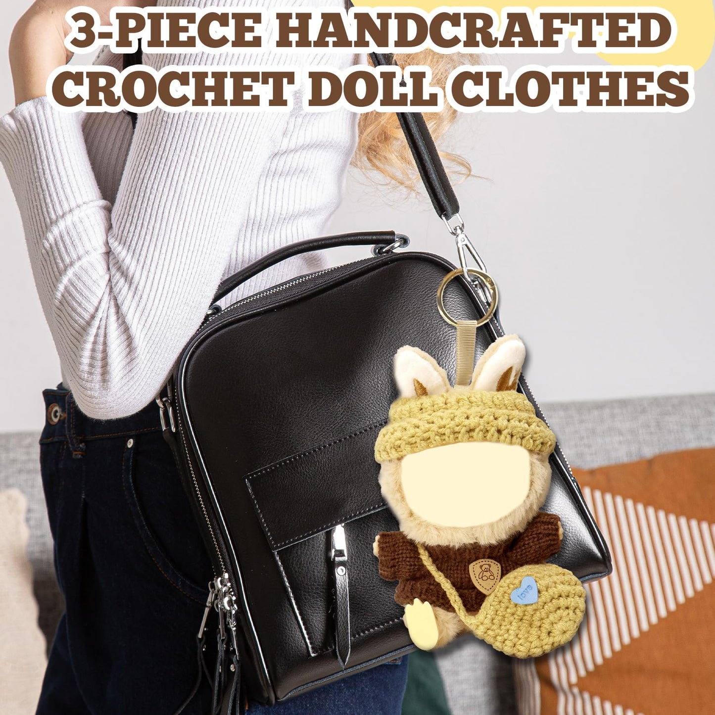 17cm Kawaii Doll Clothes Set for Labubu, 3-Piece Handcrafted Crochet, Compatible with 5.91-6.7inch Dolls, Hand Crocheted Hat, Sweaters, Bag (Knitted