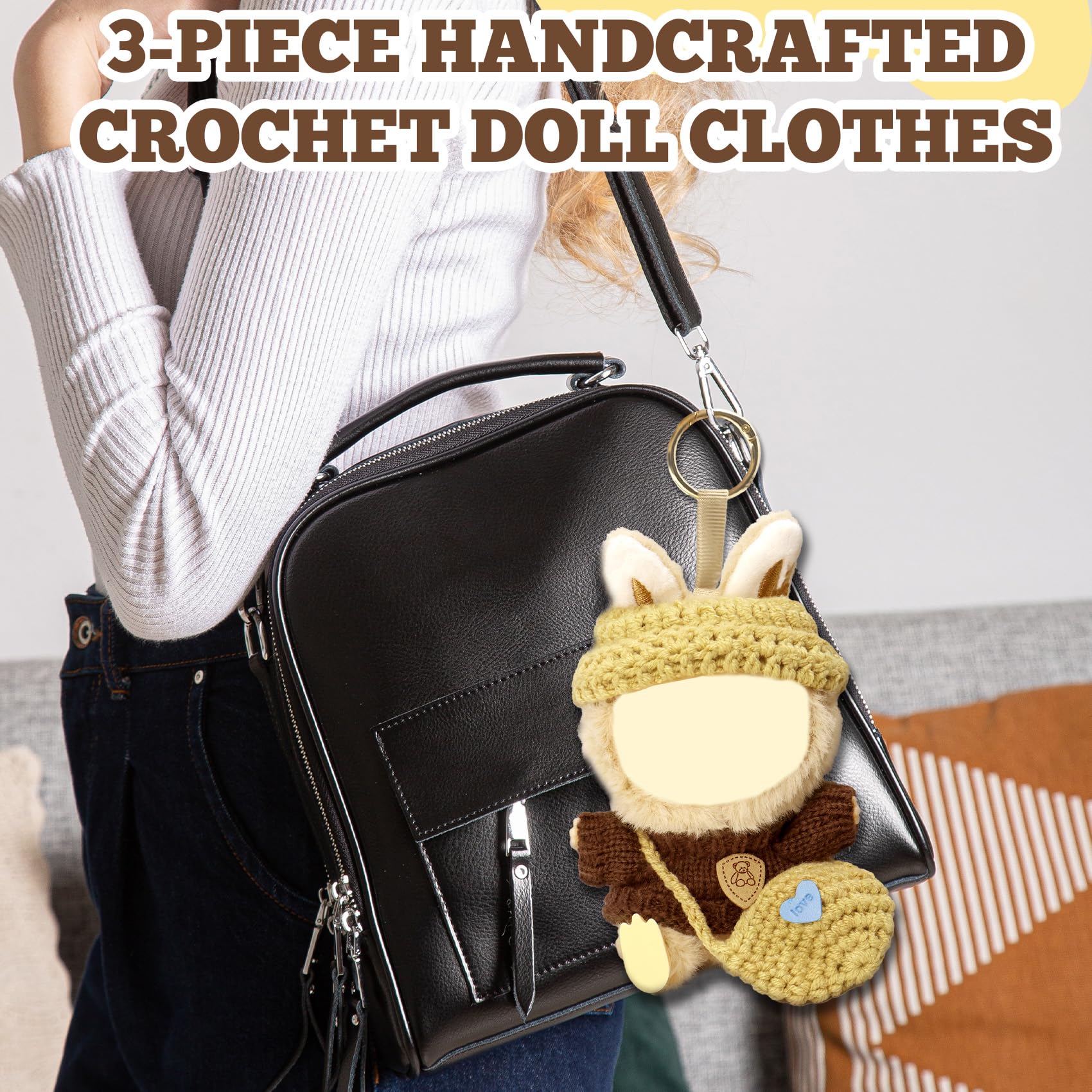 17cm Kawaii Doll Clothes Set for Labubu, 3-Piece Handcrafted Crochet, Compatible with 5.91-6.7inch Dolls, Hand Crocheted Hat, Sweaters, Bag (Knitted