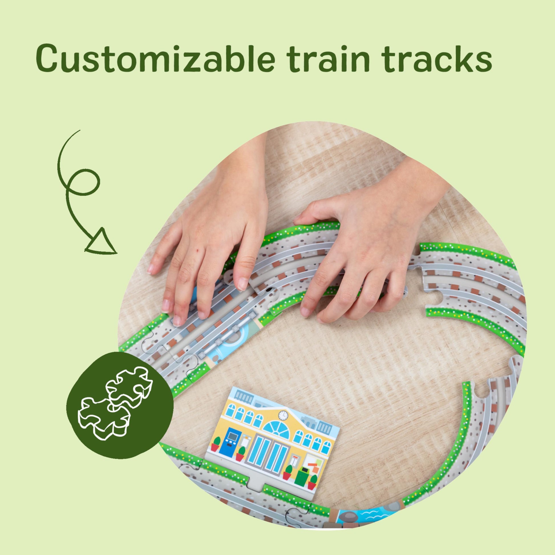 Melissa & Doug Design Your Own Railroad 48-Piece Floor Puzzle with 2 Wind-up Toy Trains and Interchangeable Scenery, Kids Puzzles with Preschool Toys