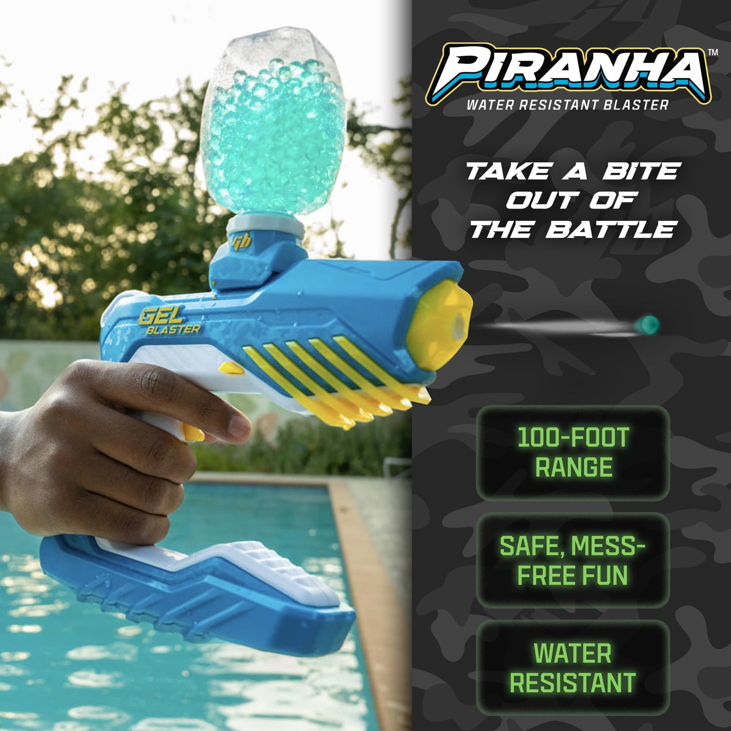 The Original Gel Blaster Piranha - Waterproof Gel Blaster - Extended 100+ Foot Range - Automatic Blaster for Outdoor Games & Pool Toys - Ages 14+