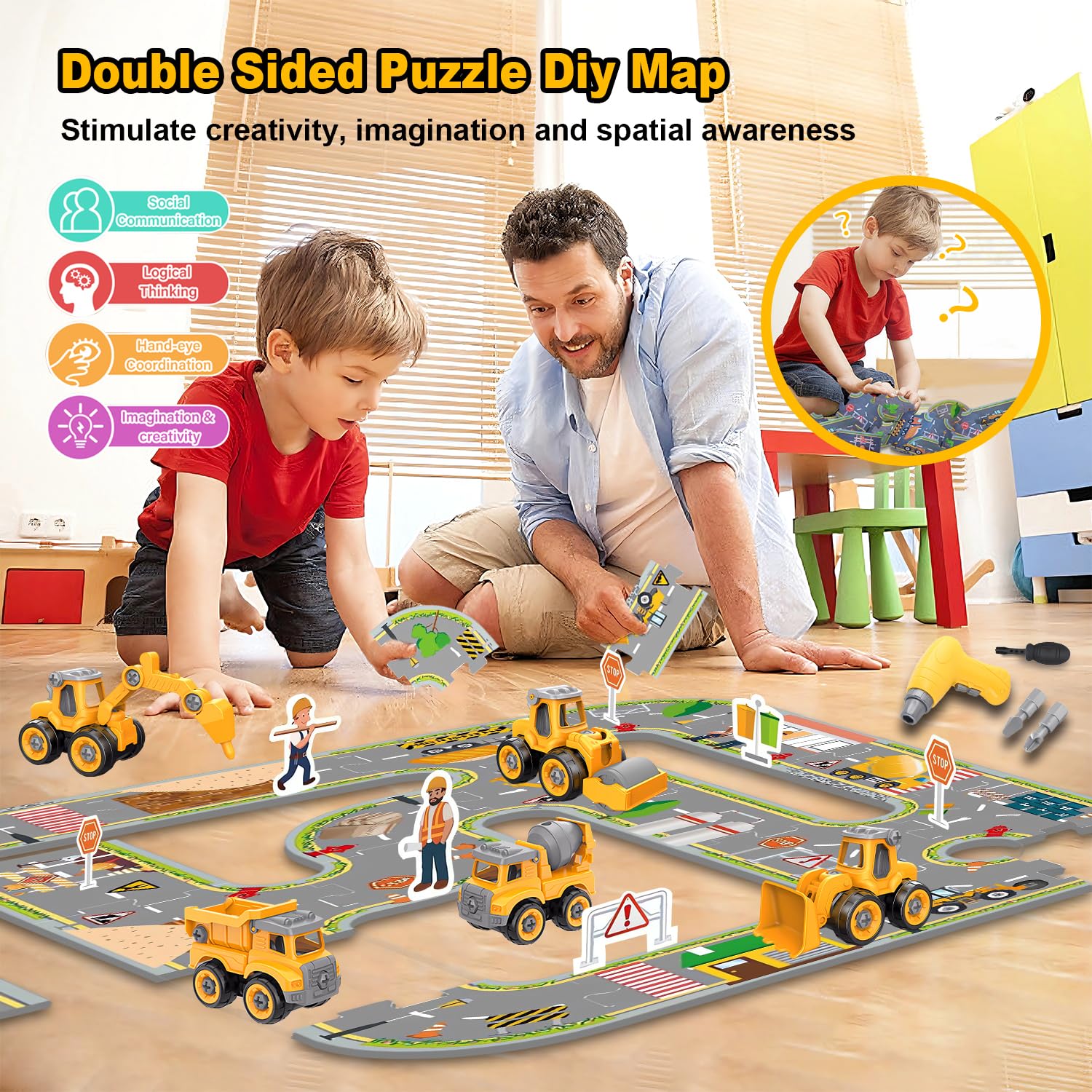 Trovogil Take Apart Construction Truck Excavator Toys for Kids Ages 3-8, STEM Learning Building Toys with Electric Drill & Puzzle Play, Educational